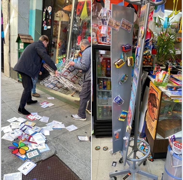 Deux images issues d’une vidéo montrant un petit magasin de Chinatown à San Francisco, qui a été vandalisé par un groupe de jeunes le 16 mars 2020, dans un climat raciste anti-asiatique lié au contexte du Covid-19. À gauche, un passant aide le propriétaire à replacer l'un des présentoirs de cartes postales et d'aimants que les jeunes avaient renversés.