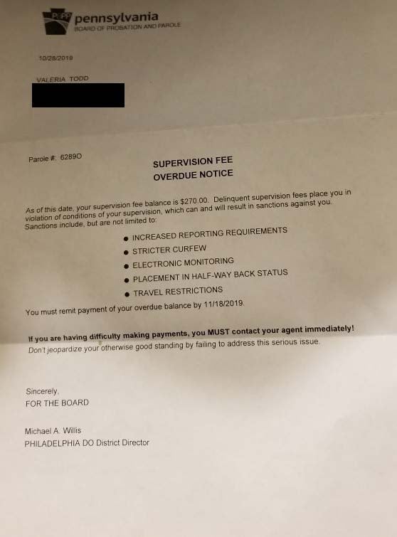 Letter from the Pennsylvania Board of Parole 