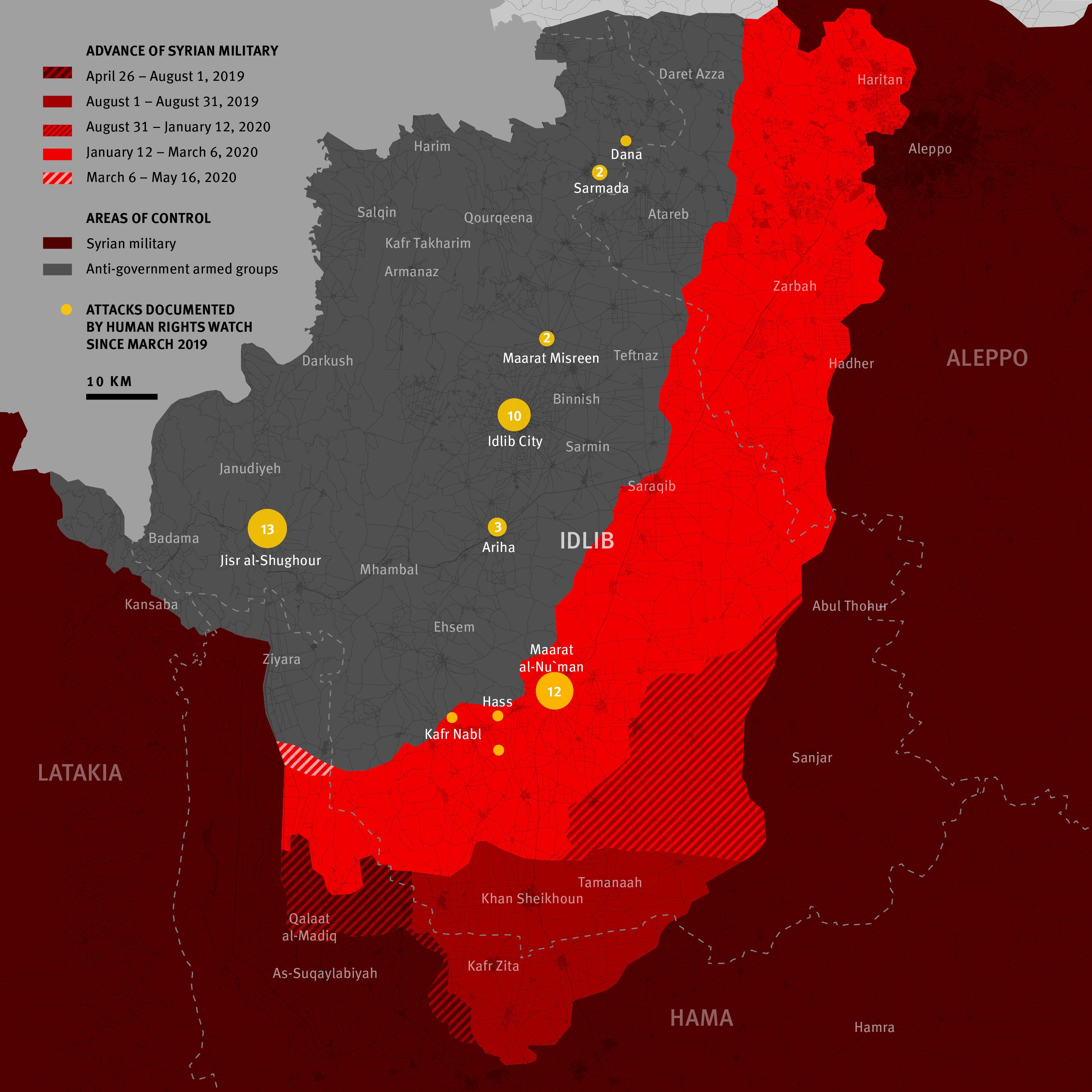 A map of Syria that shows area of control of Syrian and opposition forces from April 2019 to May 2020