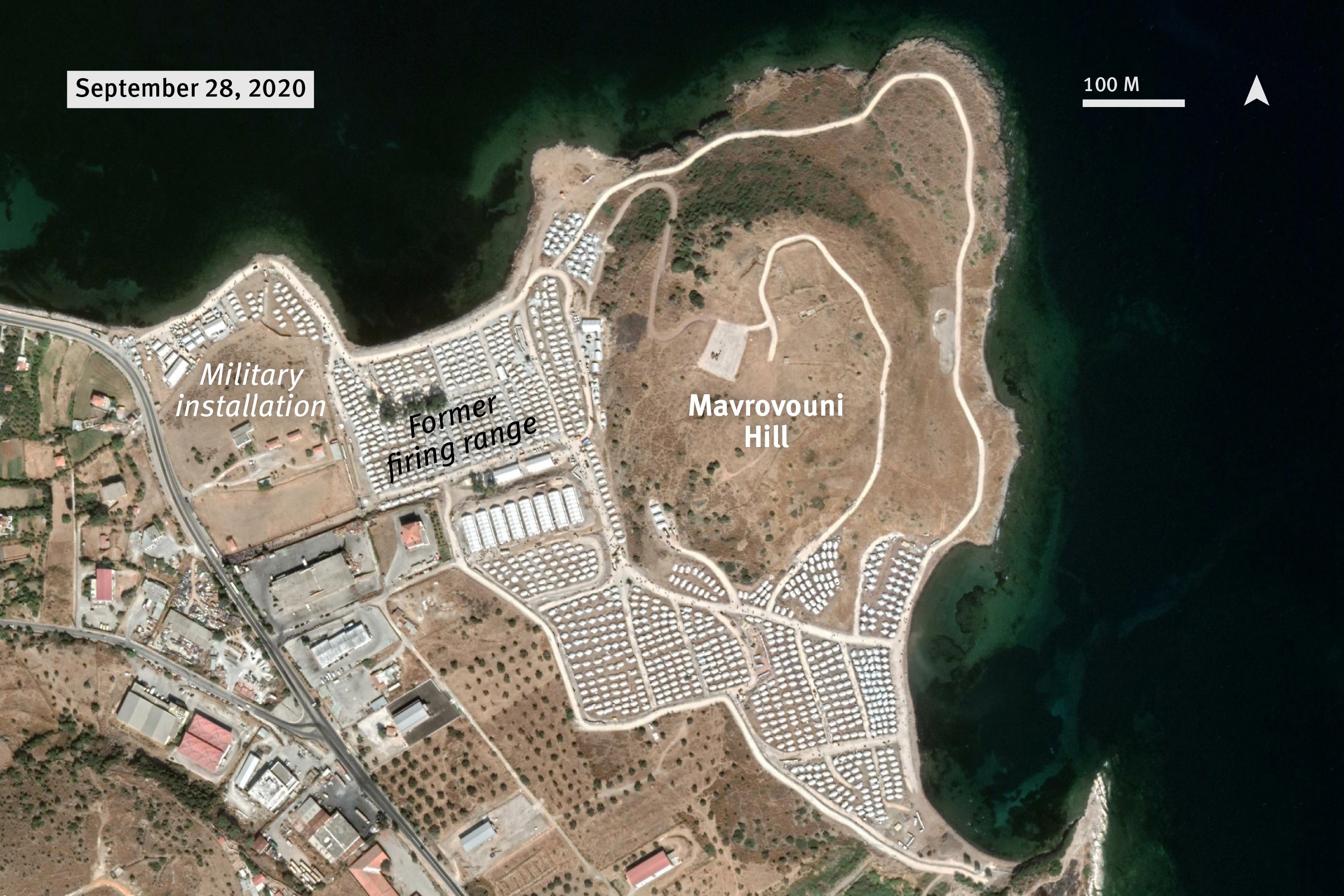 Satellite imagery recorded on September 28, 2020 shows at least 200 tents on the former firing range