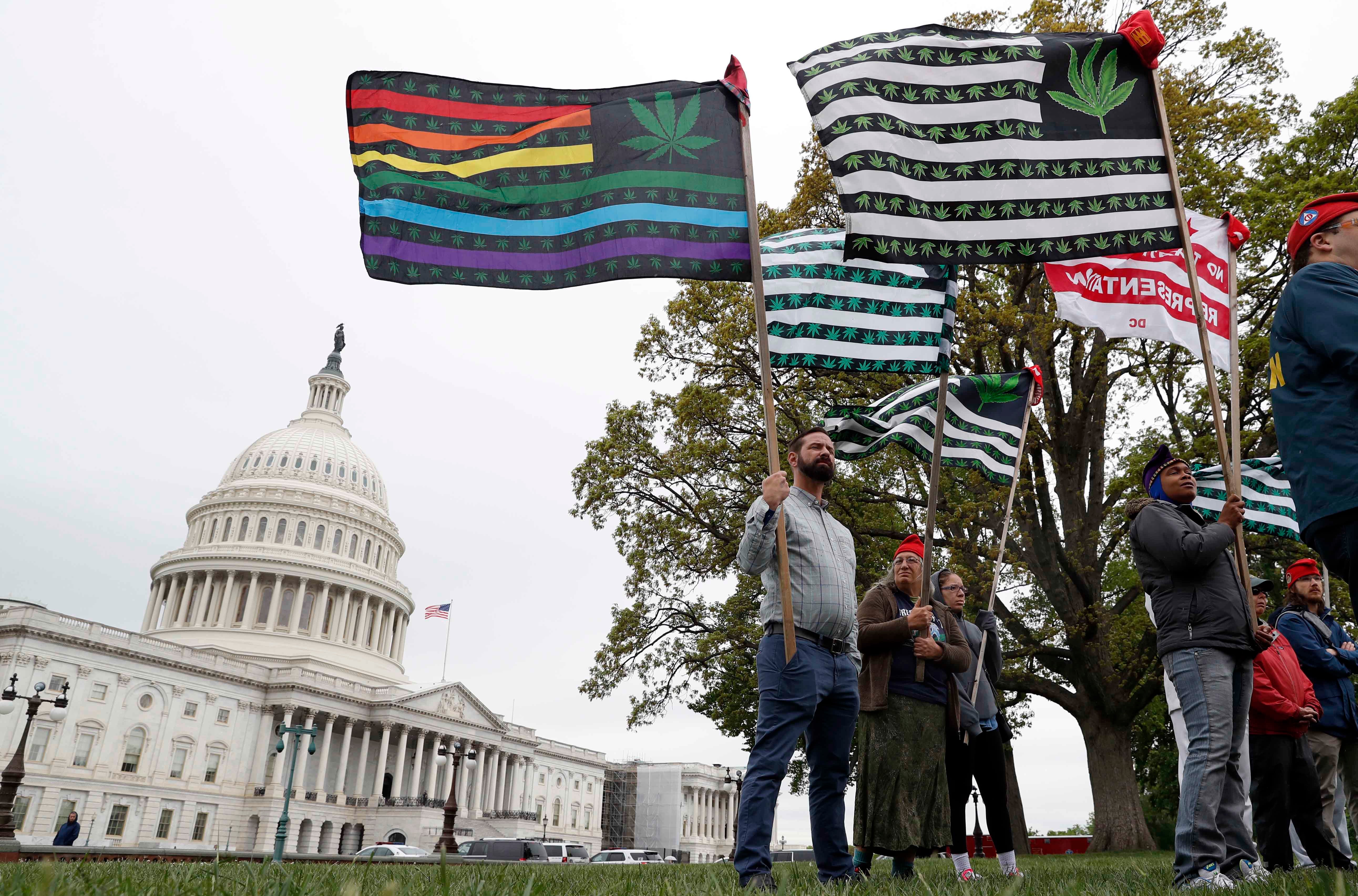 Supporters hold flags near the Capitol in Washington, DC, during a rally in favor of marijuana legalization on April 24, 2017.