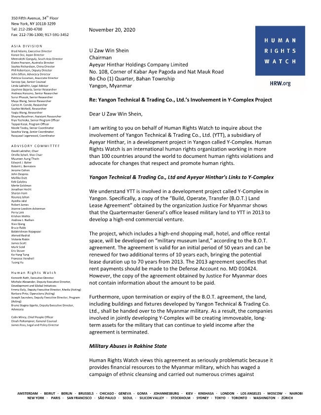 Letter to Ayeyar Hinthar by Human Rights Watch