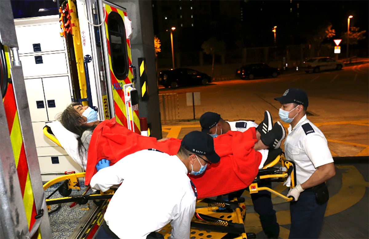  The Hong Kong pro-democracy leader, “Long Hair” Leung Kwok-hung, known as “Long Hair,” is being taken to the hospital on March 4, 2021. Leung was one of 47 pro-democracy politicians charged with “subversion” because they had organized or participated in an unofficial public opinion poll in July 2020 to coordinate pro-democracy candidates for upcoming LegCo elections.  The 47 were given a nearly round-the-clock, four4-day marathon bail hearing during which some of them had to seek medical attention.