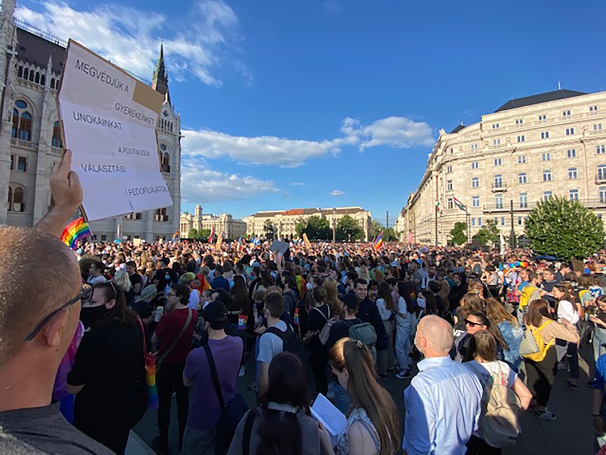Thousands protest the anti-LGBT law in Budapest, Hungary, June 14, 2021. 