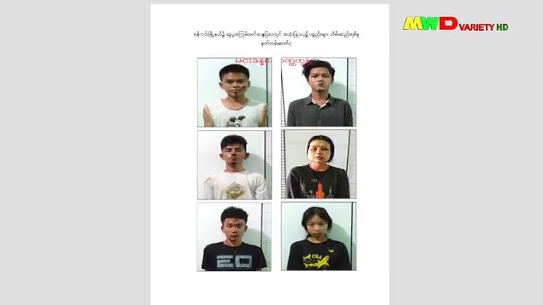 This image from an April 18, 2021 news report by Myawaddy TV shows people who security forces detained in the Yankin township of Yangon, Myanmar.