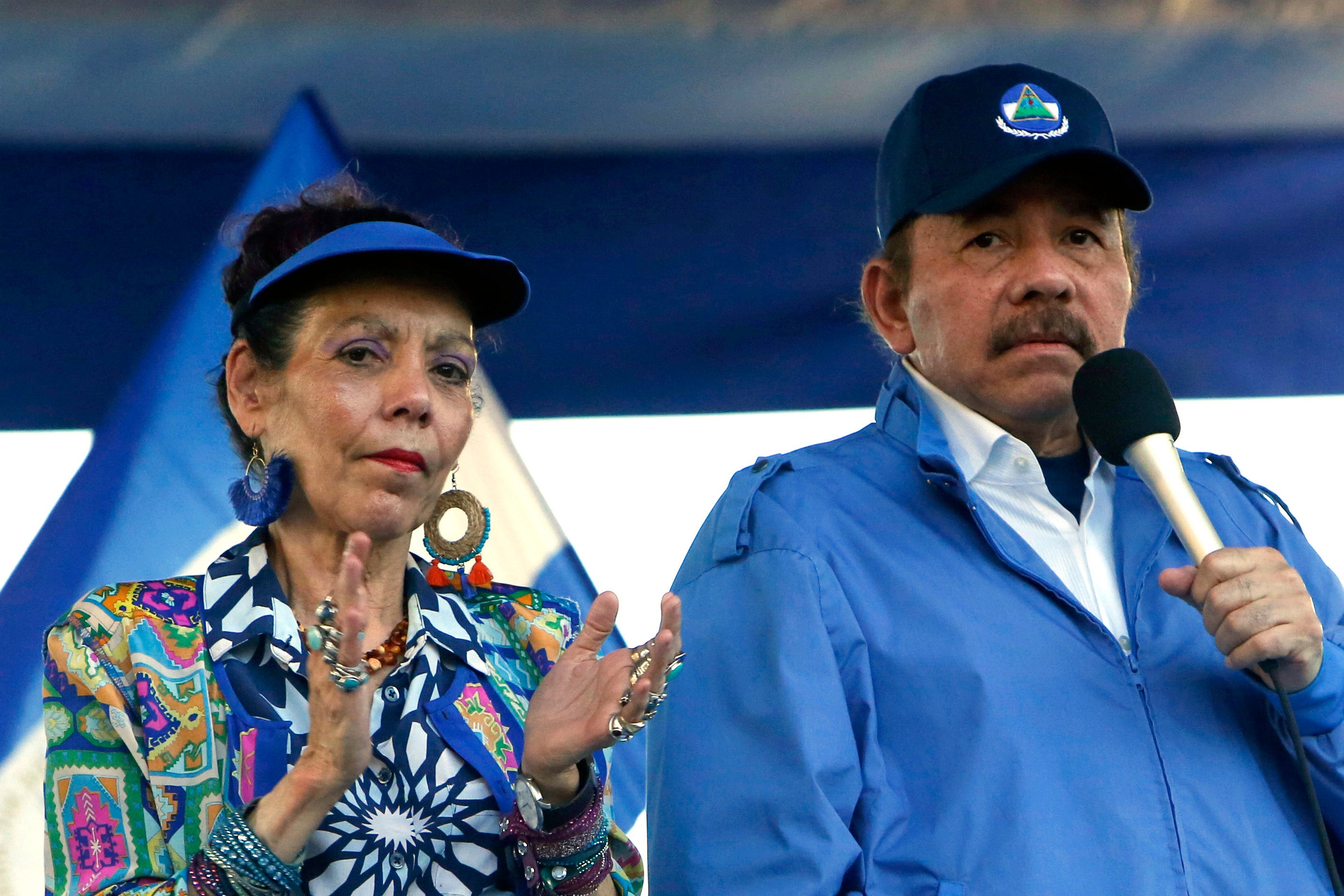 In this Sept. 5, 2018 file photo, Nicaragua's President Daniel Ortega and his wife, Vice President Rosario Murillo, lead a rally in Managua, Nicaragua.