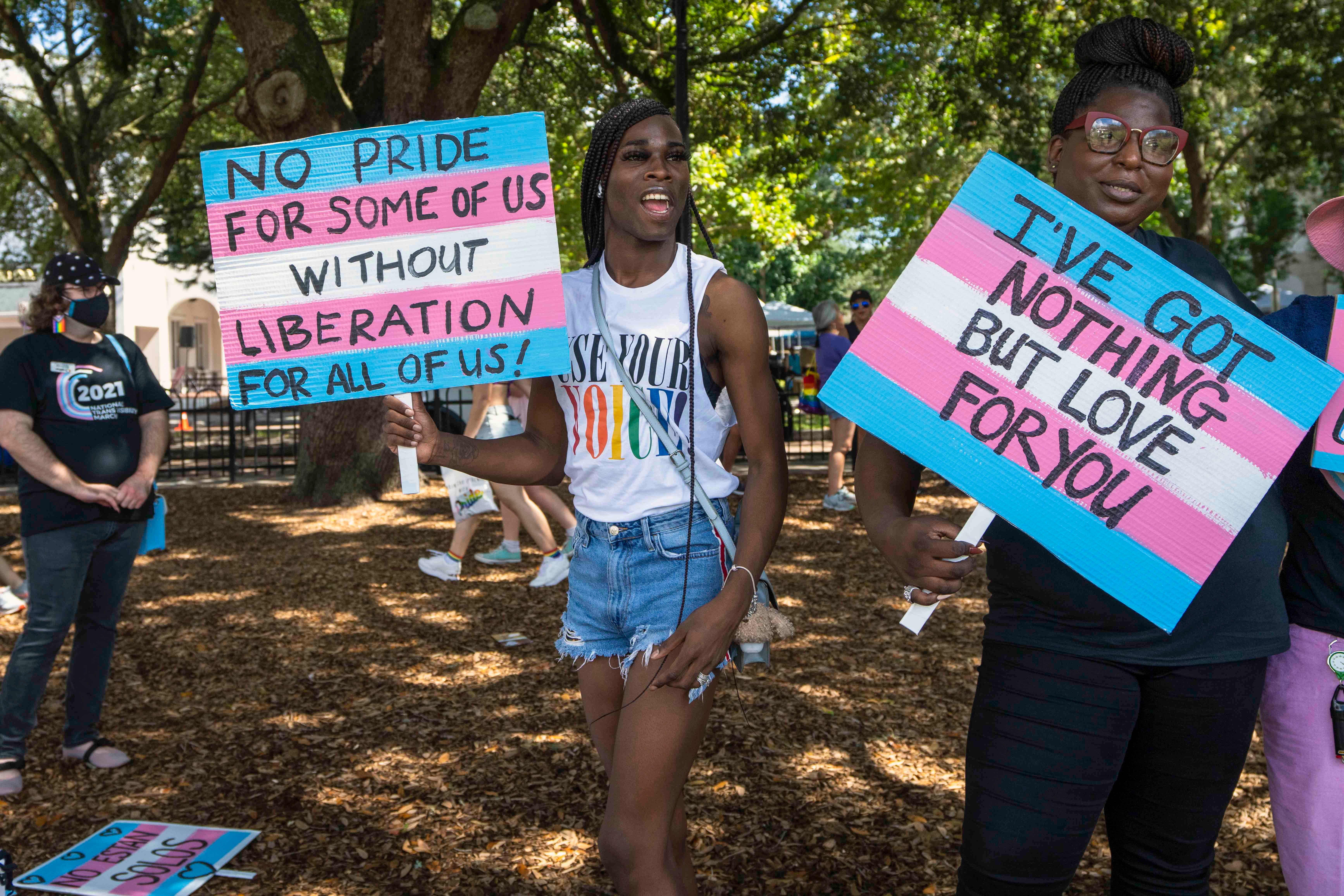 Participants in the National Trans Visibility March in downtown Orlando, Florida on October 9, 2021. © 2021 Sipa USA via AP