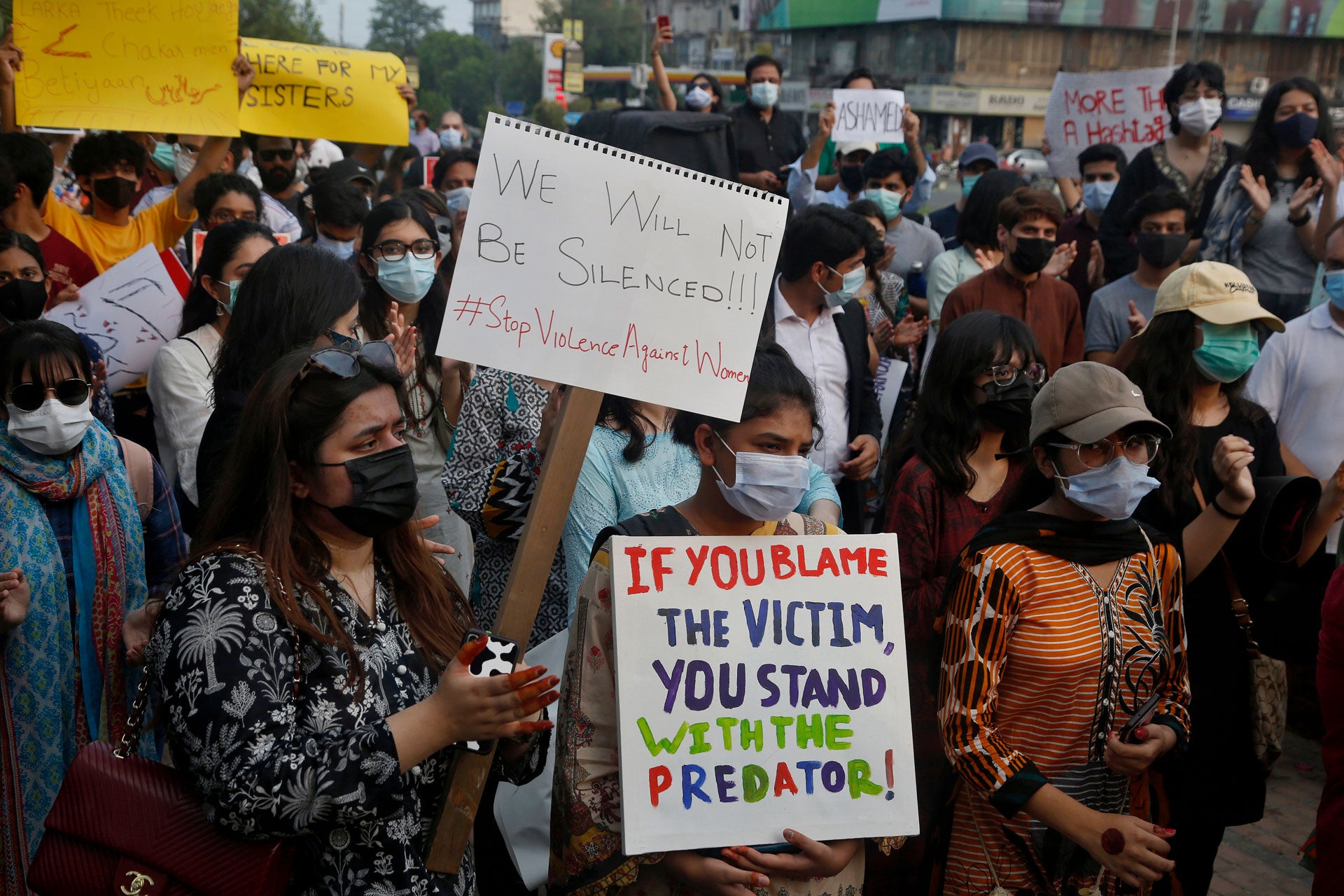 Women's rights activists demonstrate to condemn violence against women in Lahore, Pakistan