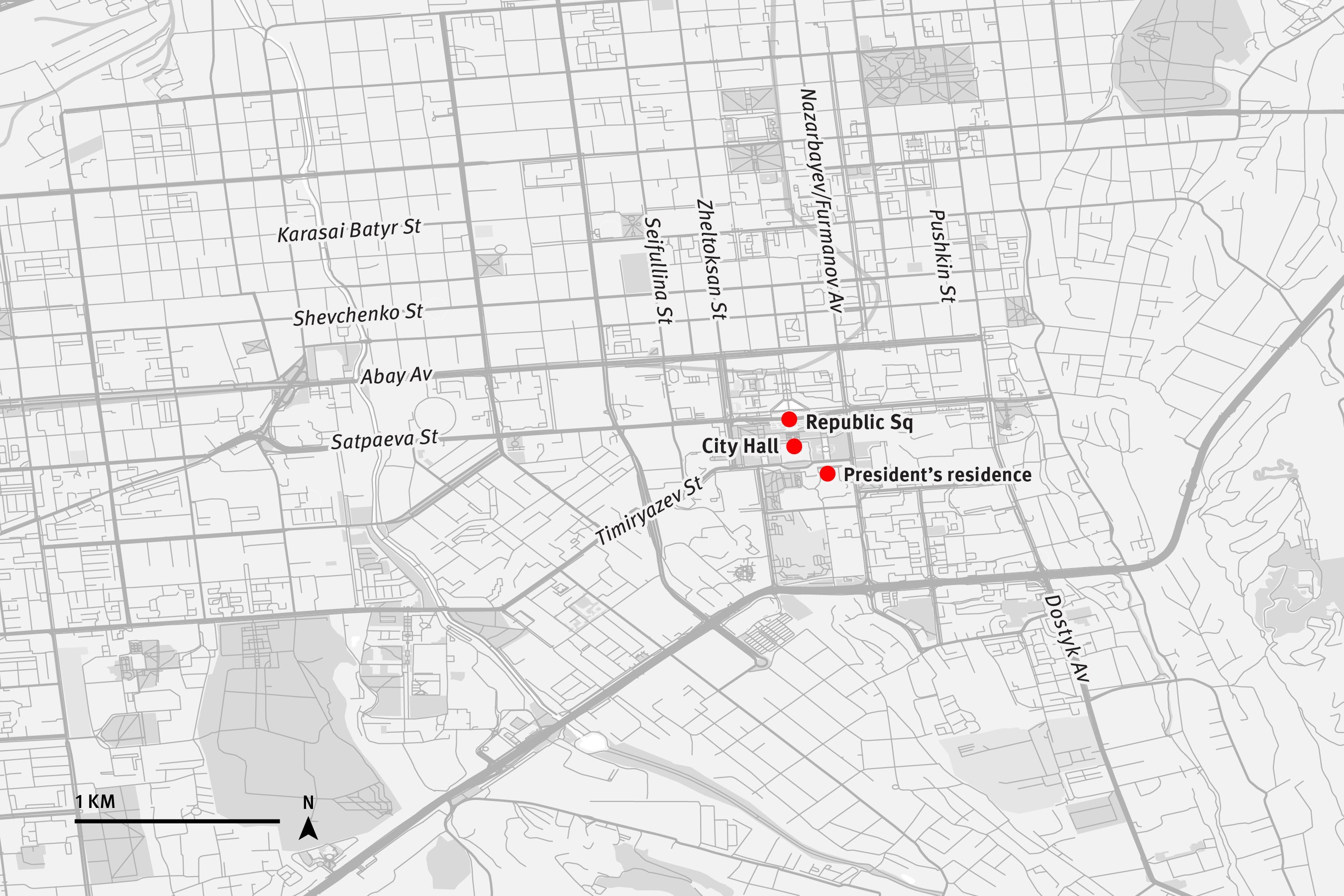 Wider map of central Almaty, Kazakhstan.