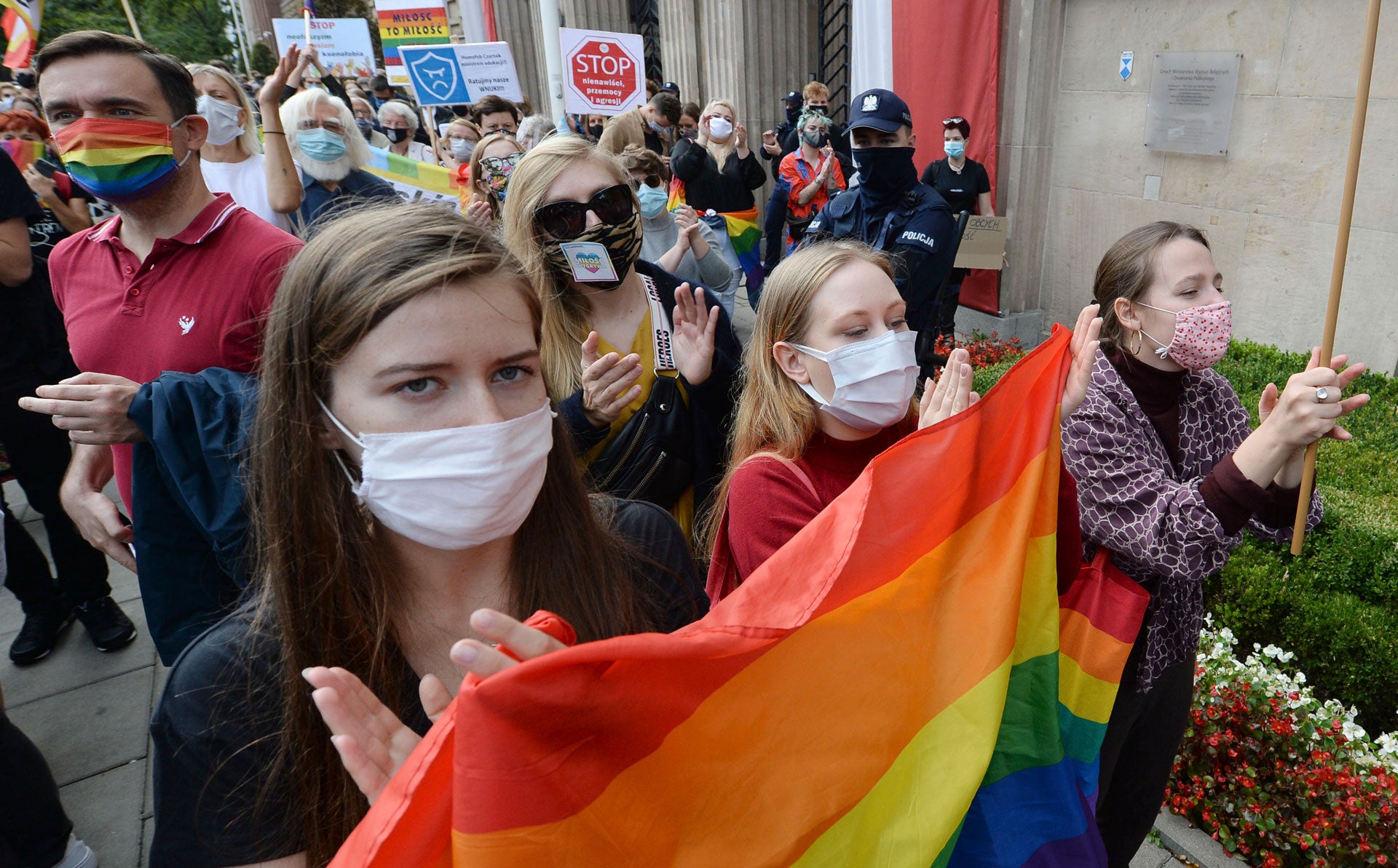 People hold a protest rally in front of Poland's Education Ministry in Warsaw, Poland, October 4, 2020.