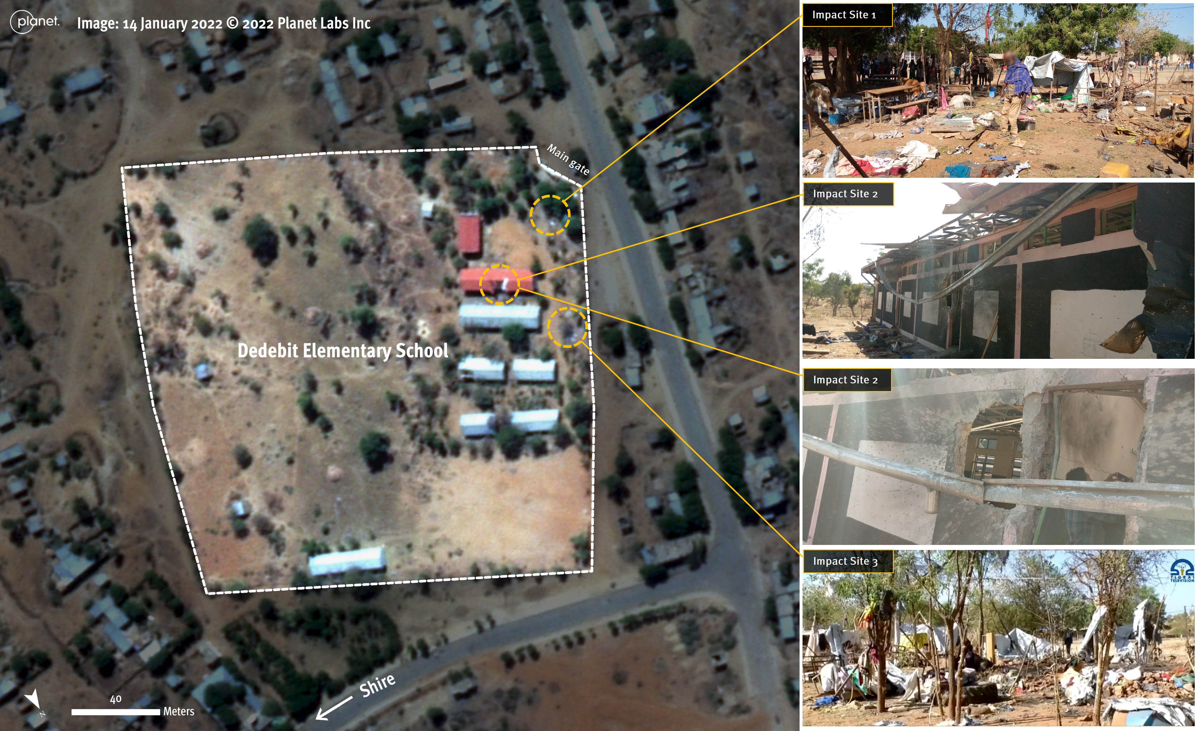 Impact site locations and associated damage to the school building, tents and structures inside the Dedebeit Elementary School schoolyard.
