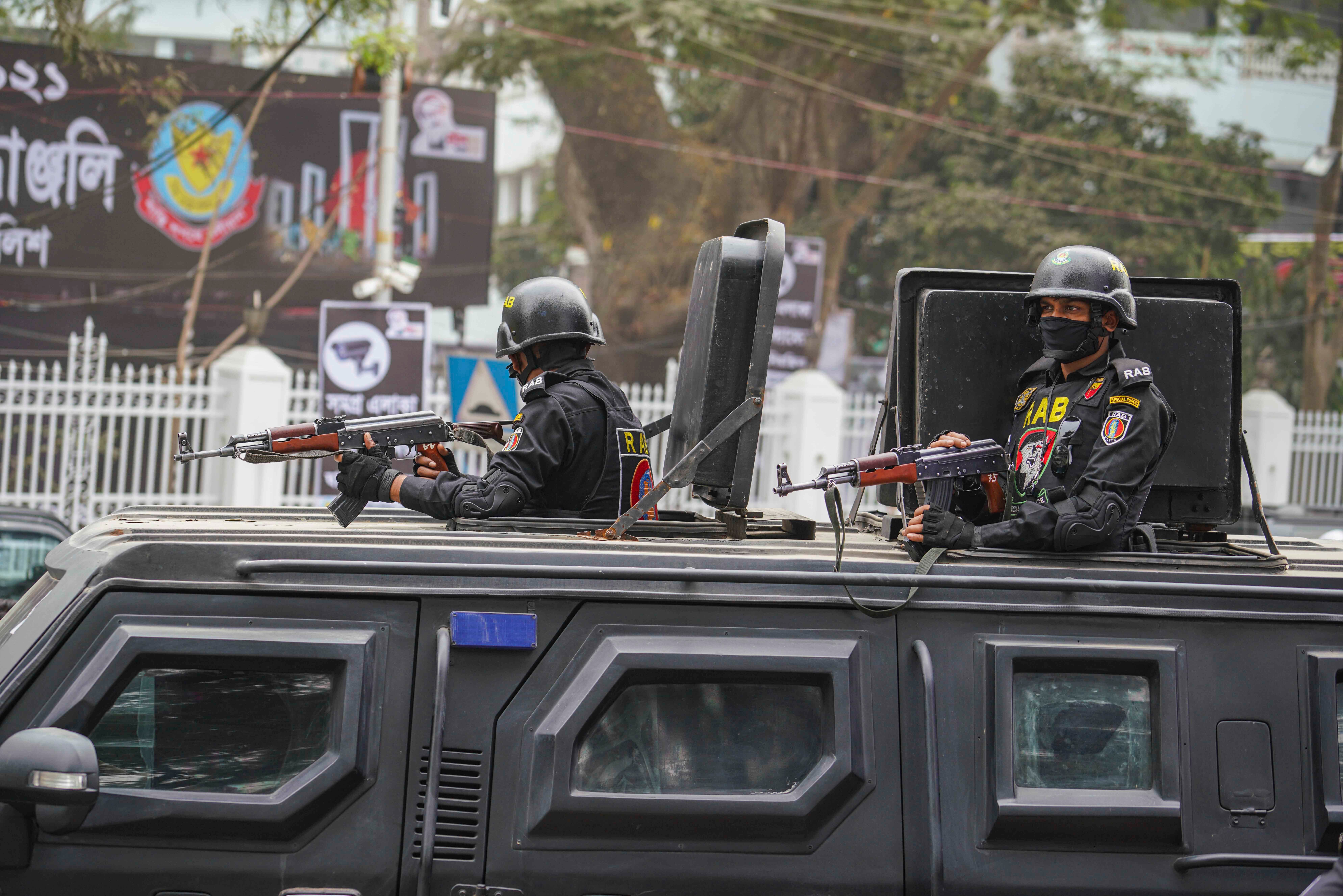 RAB members in front of Central Shaheed Minar in Dhaka, Bangladesh, February 20, 2021.