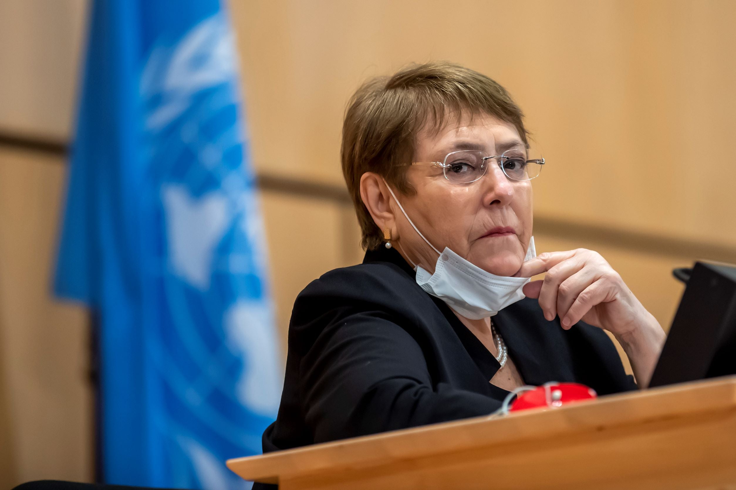 High Commissioner for Human Rights Michelle Bachelet attends a meeting of the Human Rights Council of the United Nations in Geneva, Switzerland, Wednesday, June 17, 2020.