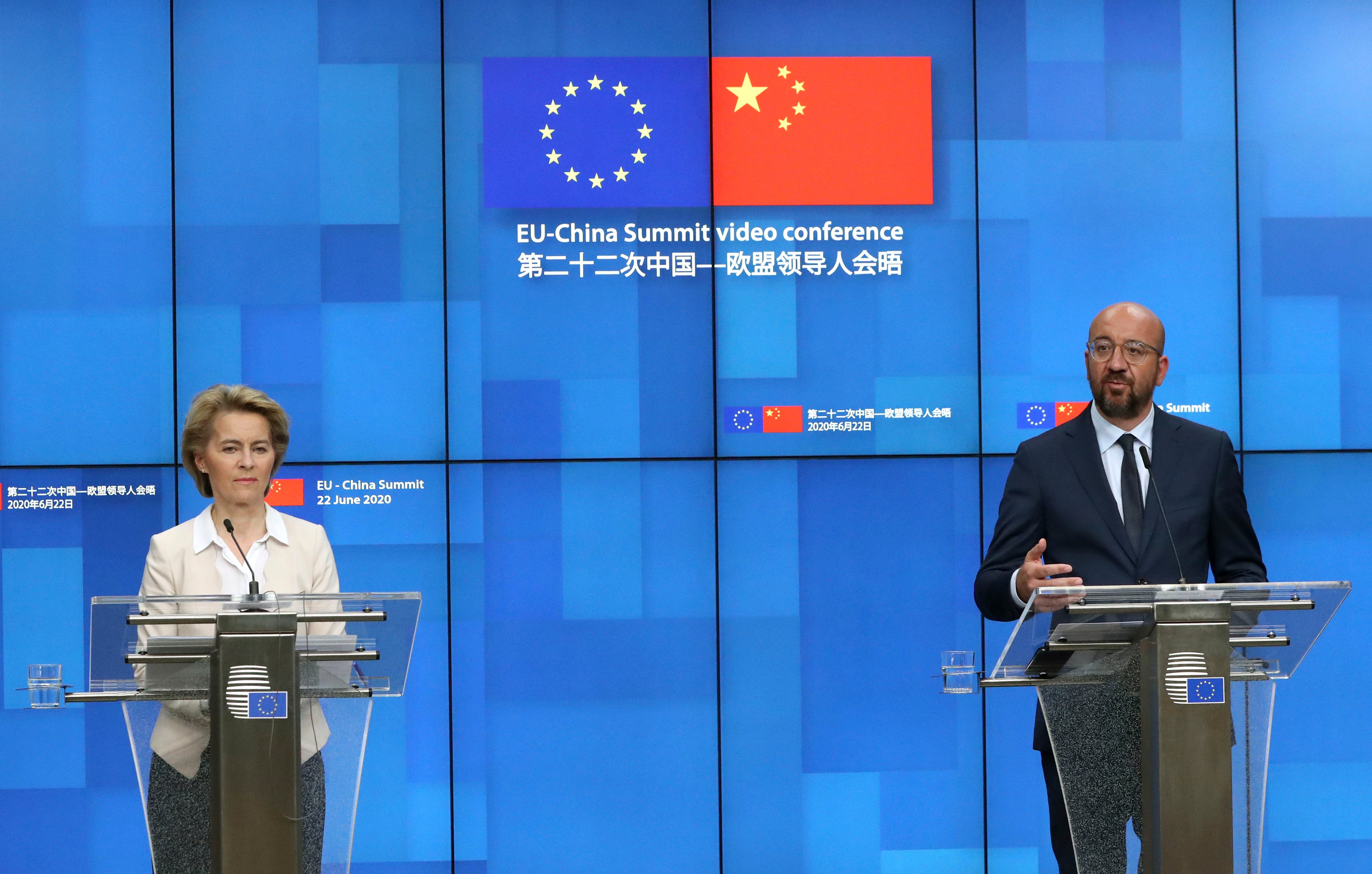 European Council President Charles Michel, right, and European Commission President Ursula von der Leyen participate in a media conference at the conclusion of the 2020 EU-China summit video conference at the European Council in Brussels, June 22, 2020.