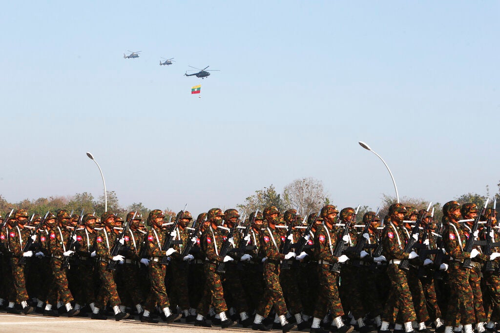 Myanmar armed forces march on the 75th anniversary of Union Day on February 12, 2022 in Naypyidaw, Myanmar. 