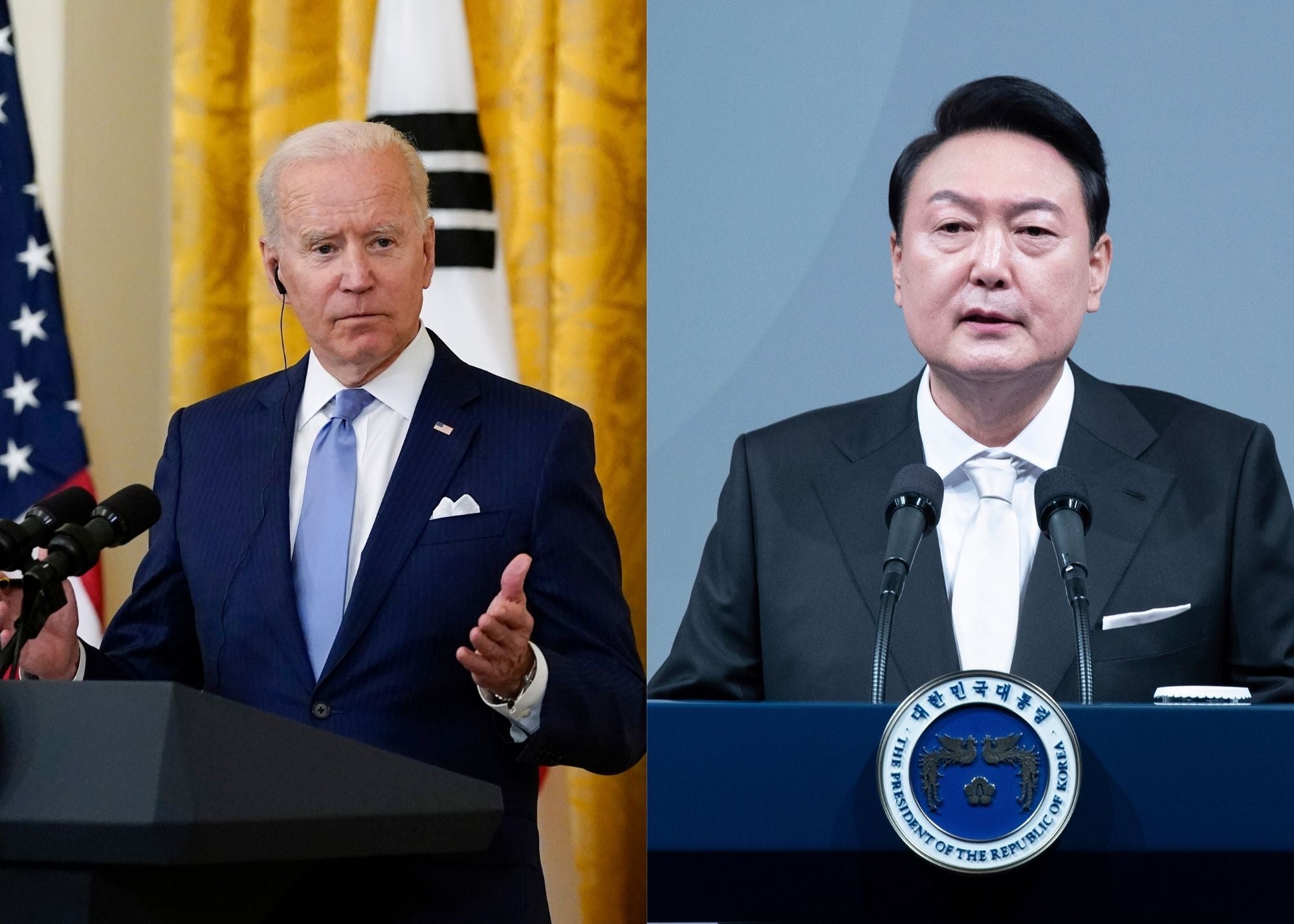 US President Joe Biden, left, and South Korean President Yoon Suk-yeol, right.