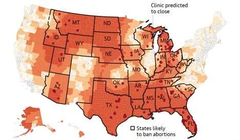 Clinic locations from the Myers Abortion Facility Database, predicted state bans from the Guttmacher Institute. Distance is calculated from the center of each county to the nearest open clinic.