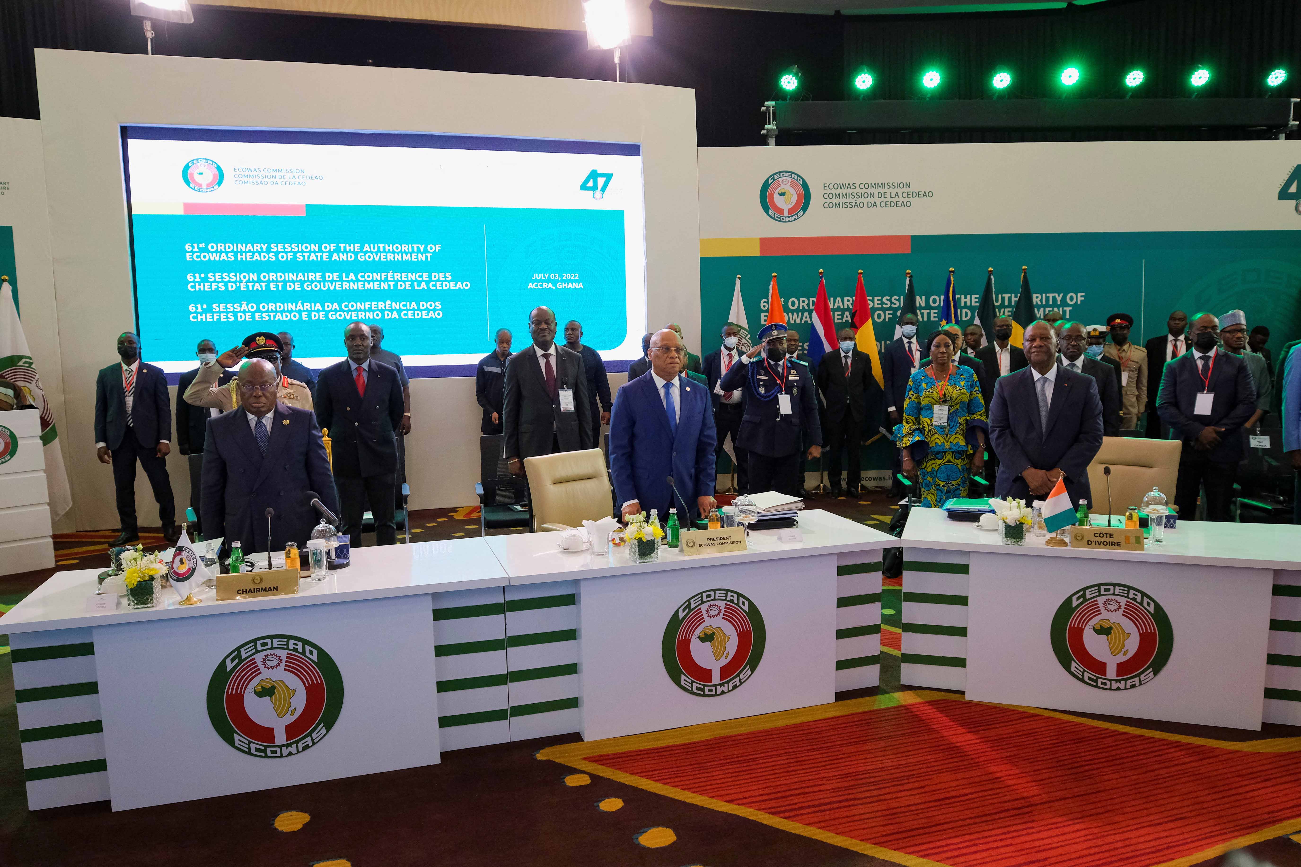 Leaders attend ECOWAS summit to discuss transitional roadmap for Mali, Burkina Faso, and Guinea, in Accra, Ghana, July 3, 2022. 