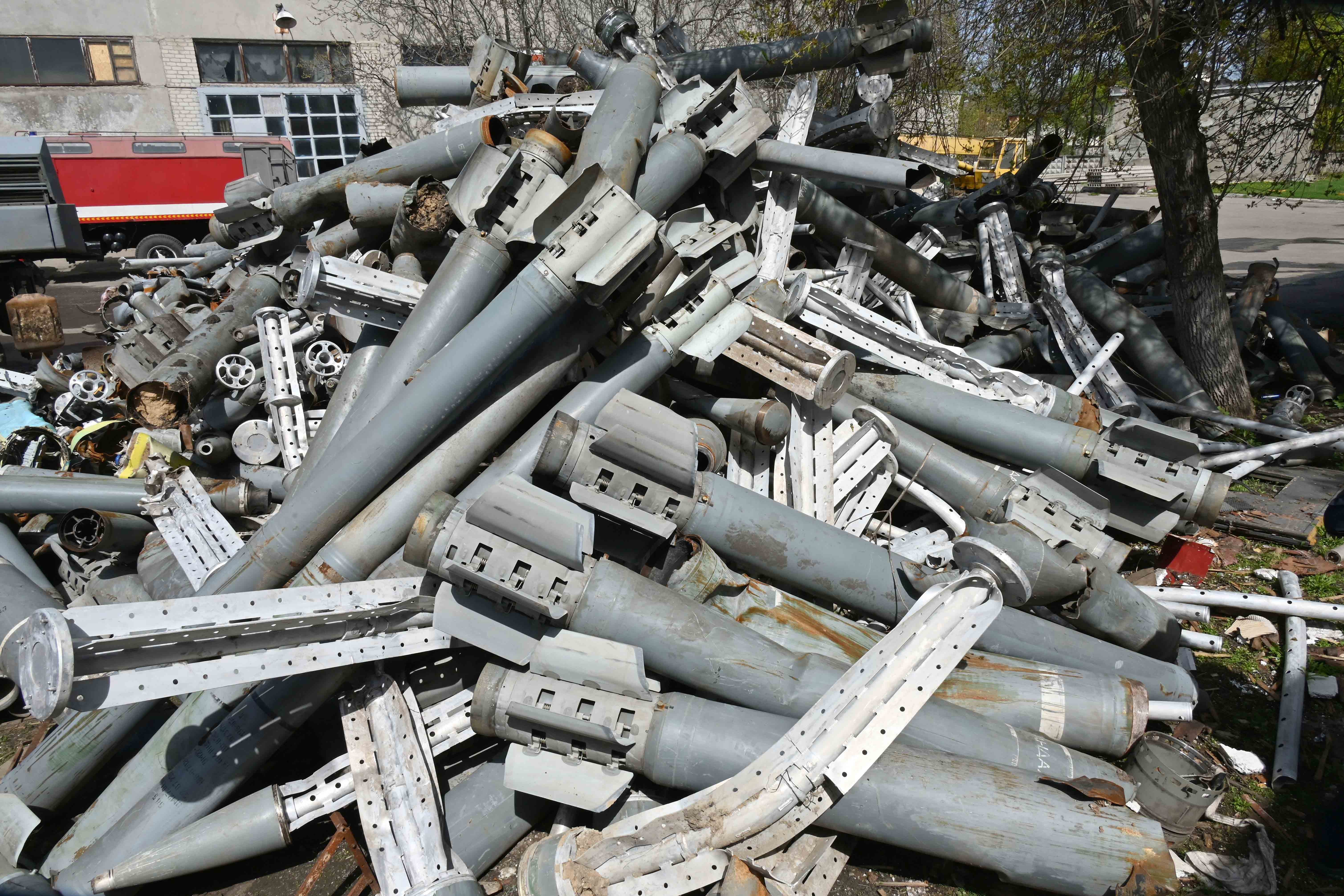 Remnants of dozens of Smerch and Uragan cluster munition rockets collected by Ukraine’s State Emergency Service from Kharkiv in April 2022. 
