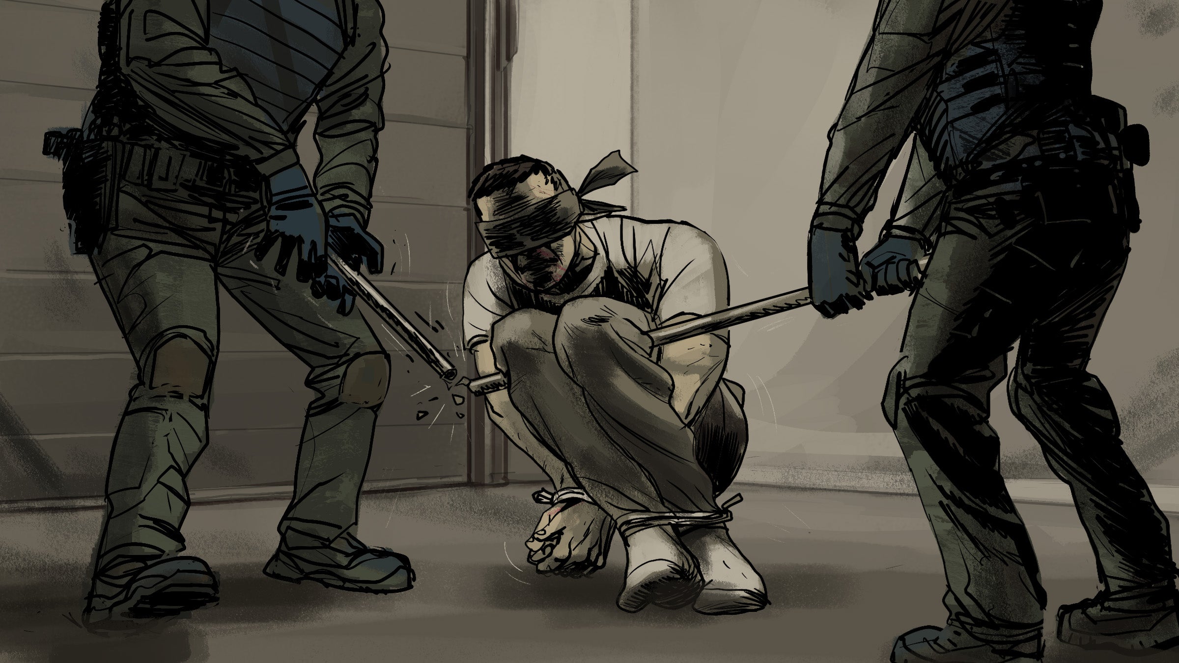 « Boghdan », détenu par les forces russes lors de leur occupation d’Izioum, en Ukraine, a déclaré que les soldats l’avaient au moins une fois forcé à adopter une variante de la « position du perroquet ». Une fois, selon son témoignage, le tuyau de métal n’a pas supporté son poids : quand les soldats l’ont soulevé, le tuyau a plié et s’est cassé. 