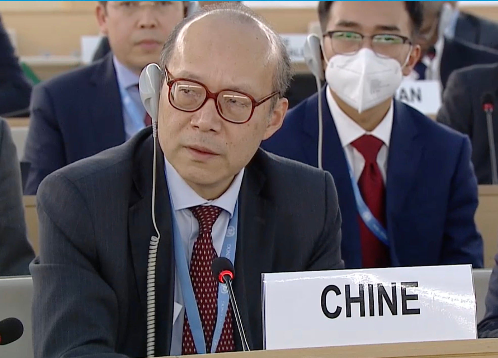 Chinese Ambassador Chen Xu speaking during the vote on the Human Rights Council decision