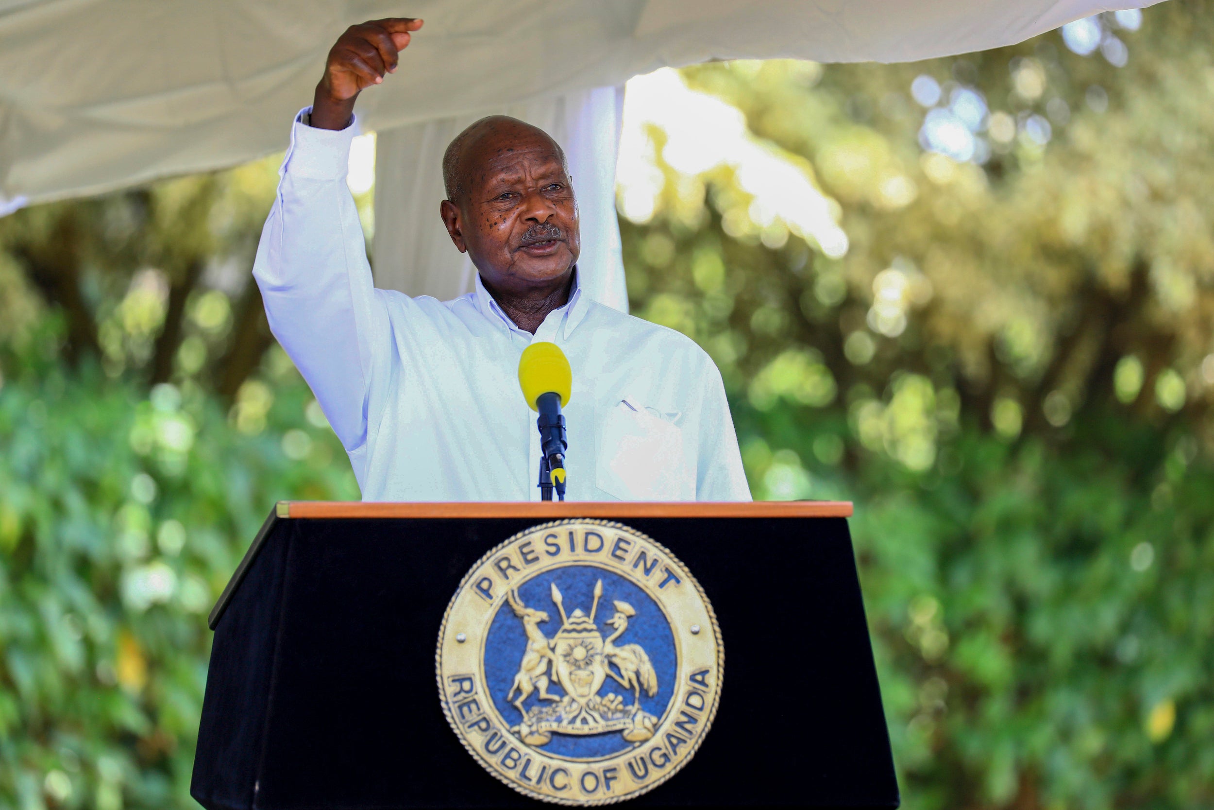 President Yowerei Museveni speaks during a news conference in Entebbe, Uganda.