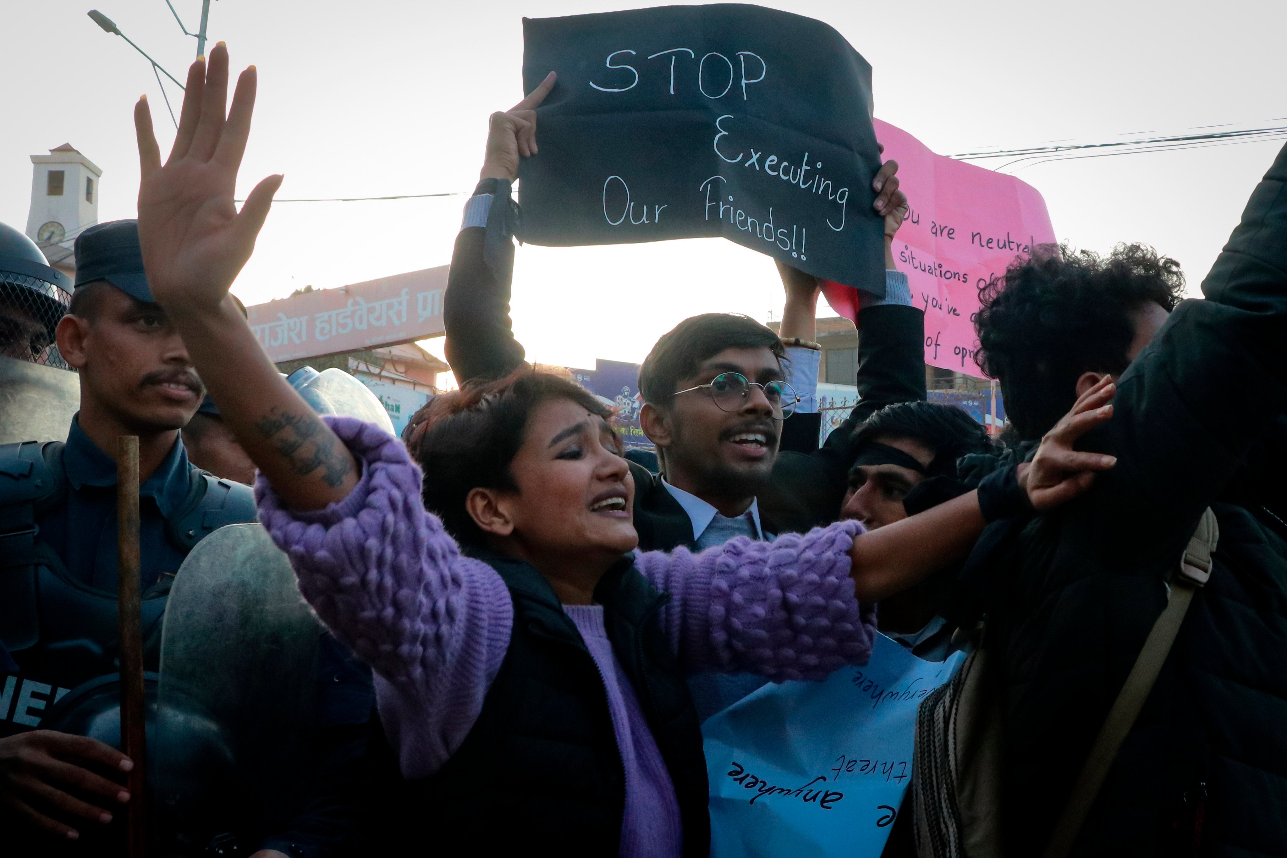 Student Union Cadres demonstrate outside the Myanmar embassy in Nepal against the Myanmar military court death sentence imposed on December 5, 2022, on seven university students who had protested against the military coup in Myanmar.
