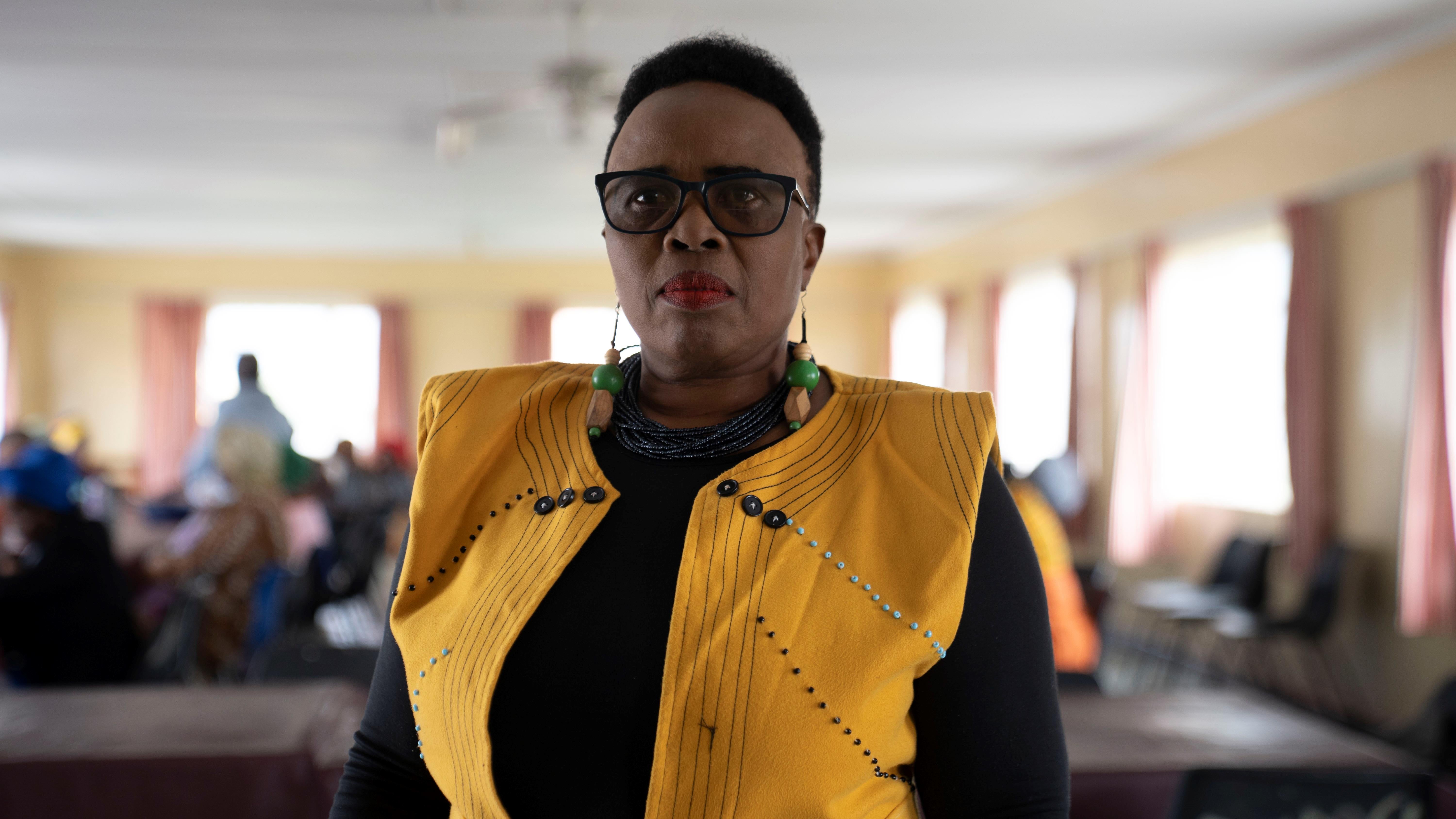 Nosiphiwo Tetana, manager of the Dimbaza Society for the Aged’s service center in Dimbaza, Eastern Cape, inside its main hall.