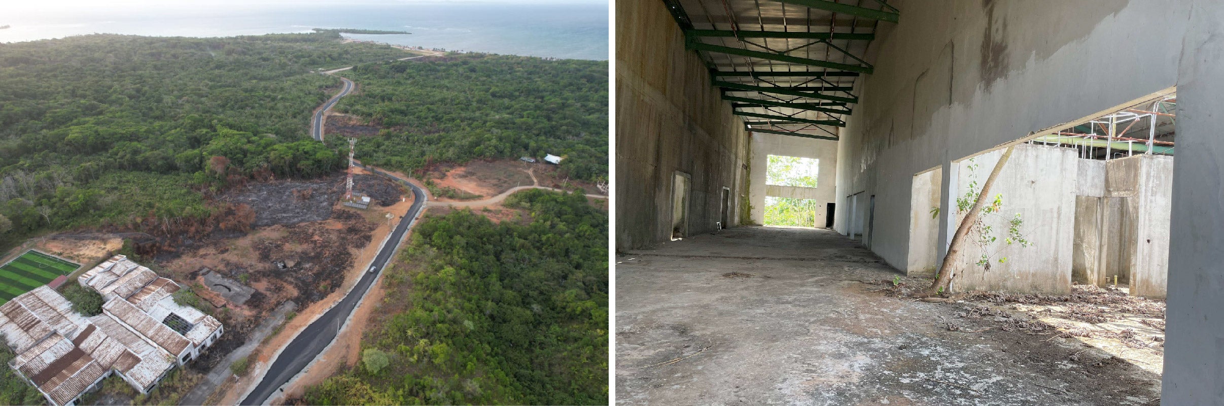 Aerial shot of hospital on left; interior shot of hospital showing deteroriation on right