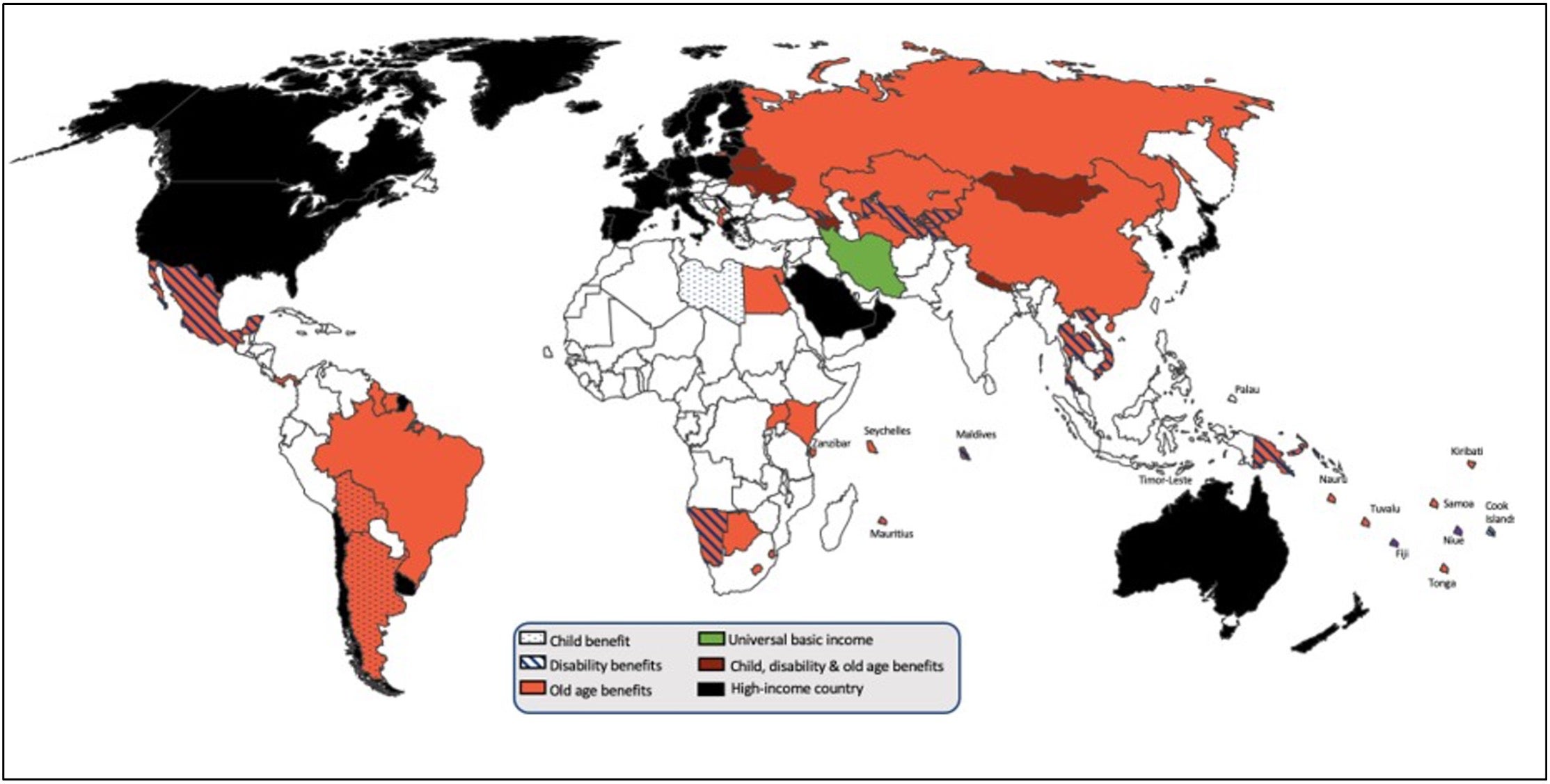 Low- and middle-income countries that are implementing universal social security benefits.
