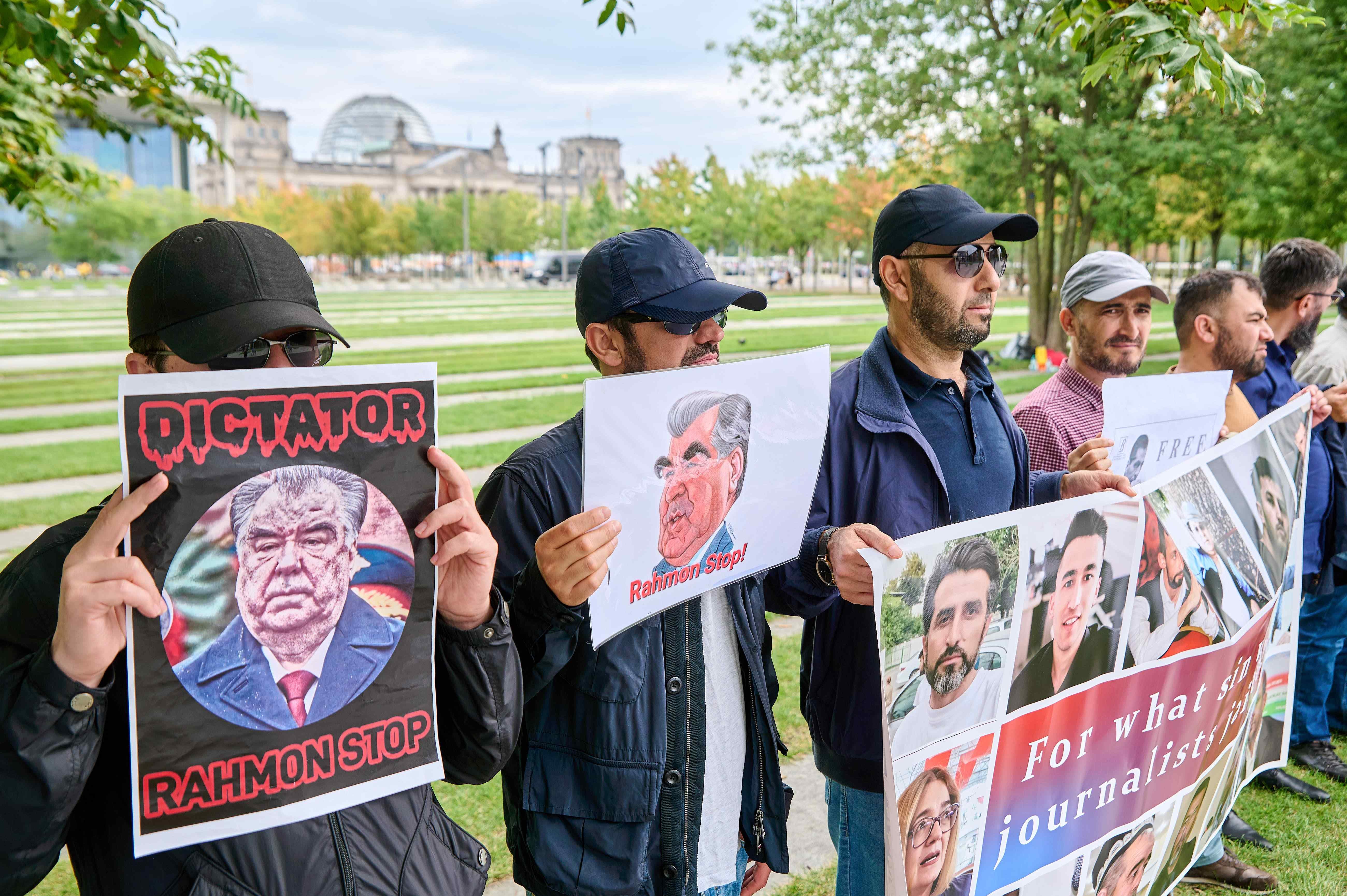 Various groups protest against the visit of Tajikistan President Emomali Rahmon and other Central Asian leaders to Berlin, Germany, September 29, 2023.