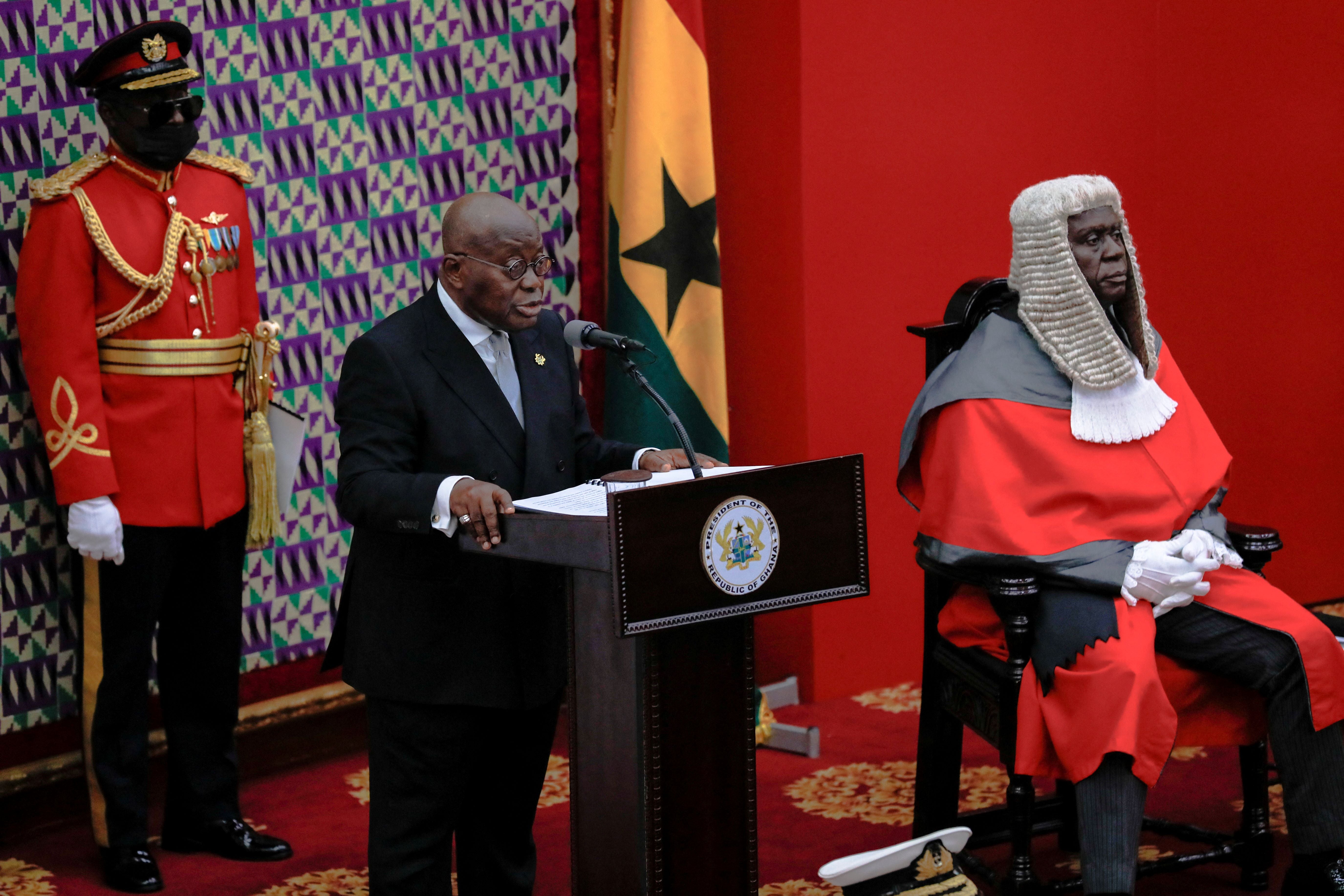 Ghanaian President Nana Akufo-Addo delivers his annual state of the nation address to the parliament in Accra, Ghana, March 30, 2022.