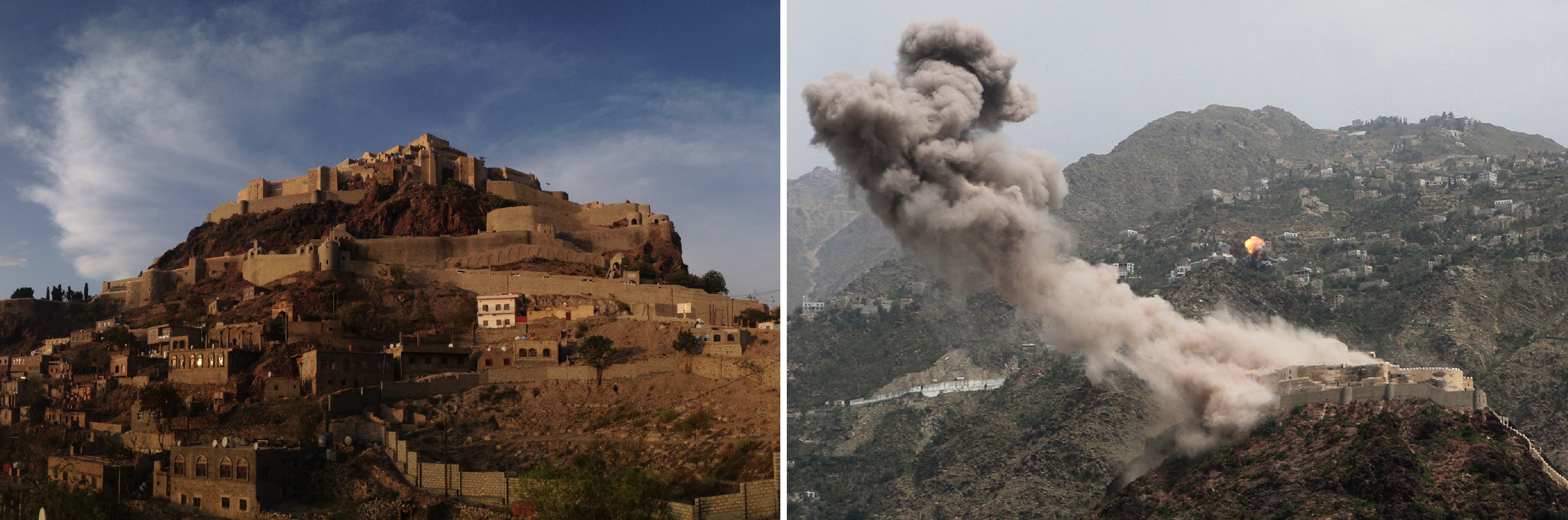 Side-by-side photos of a castle before and after its destruction