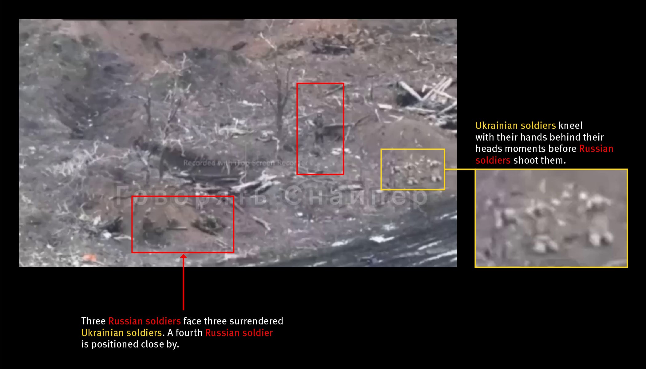 A still frame extracted from drone footage filmed in a field between Verbove and Robotyne vilages in the Zaporizka region, Ukraine, shortly before a Russian soldier shoots at three surrendered Ukrainian soldiers at close range.