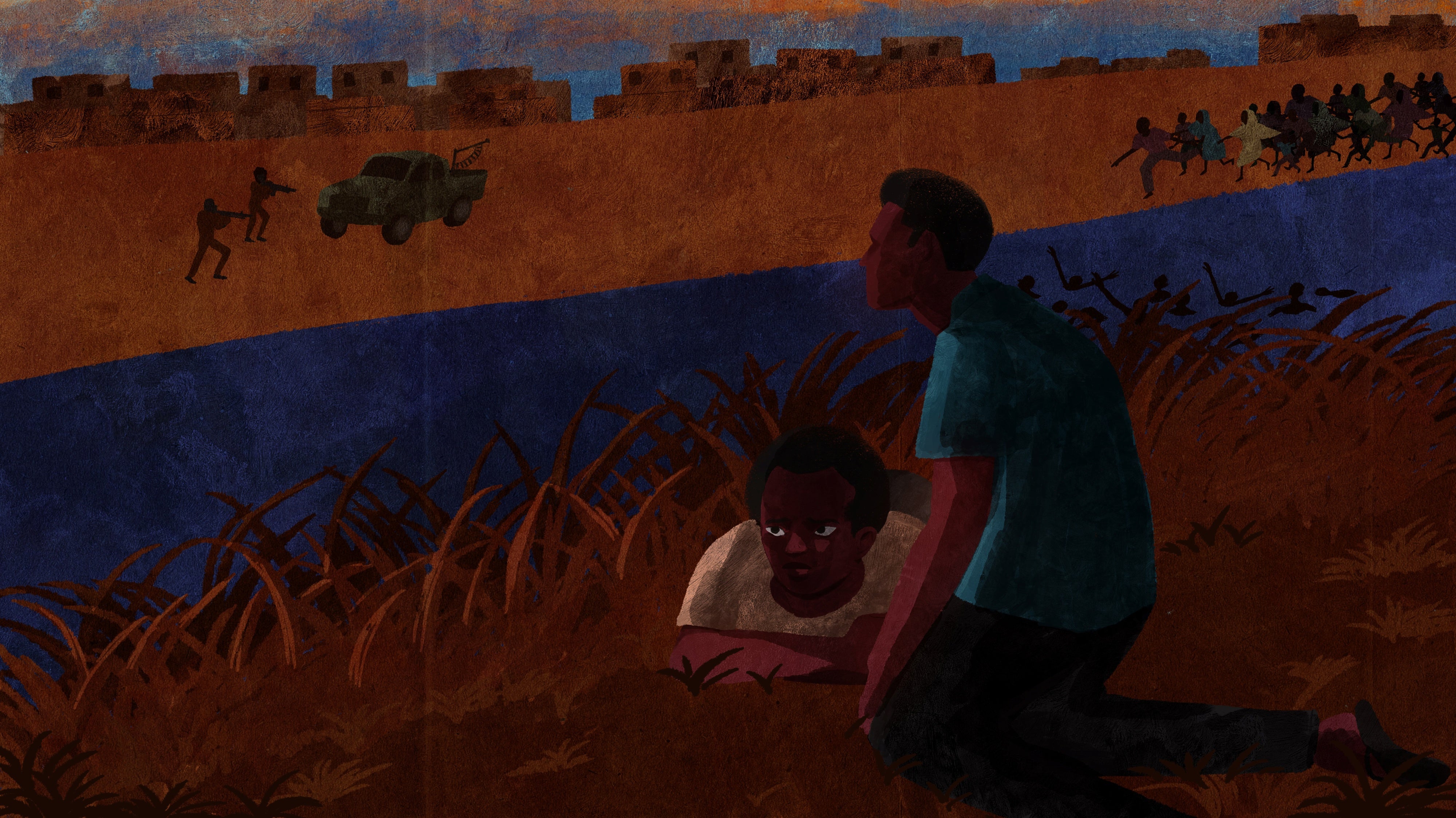 An illustration showing two men after crossing a river