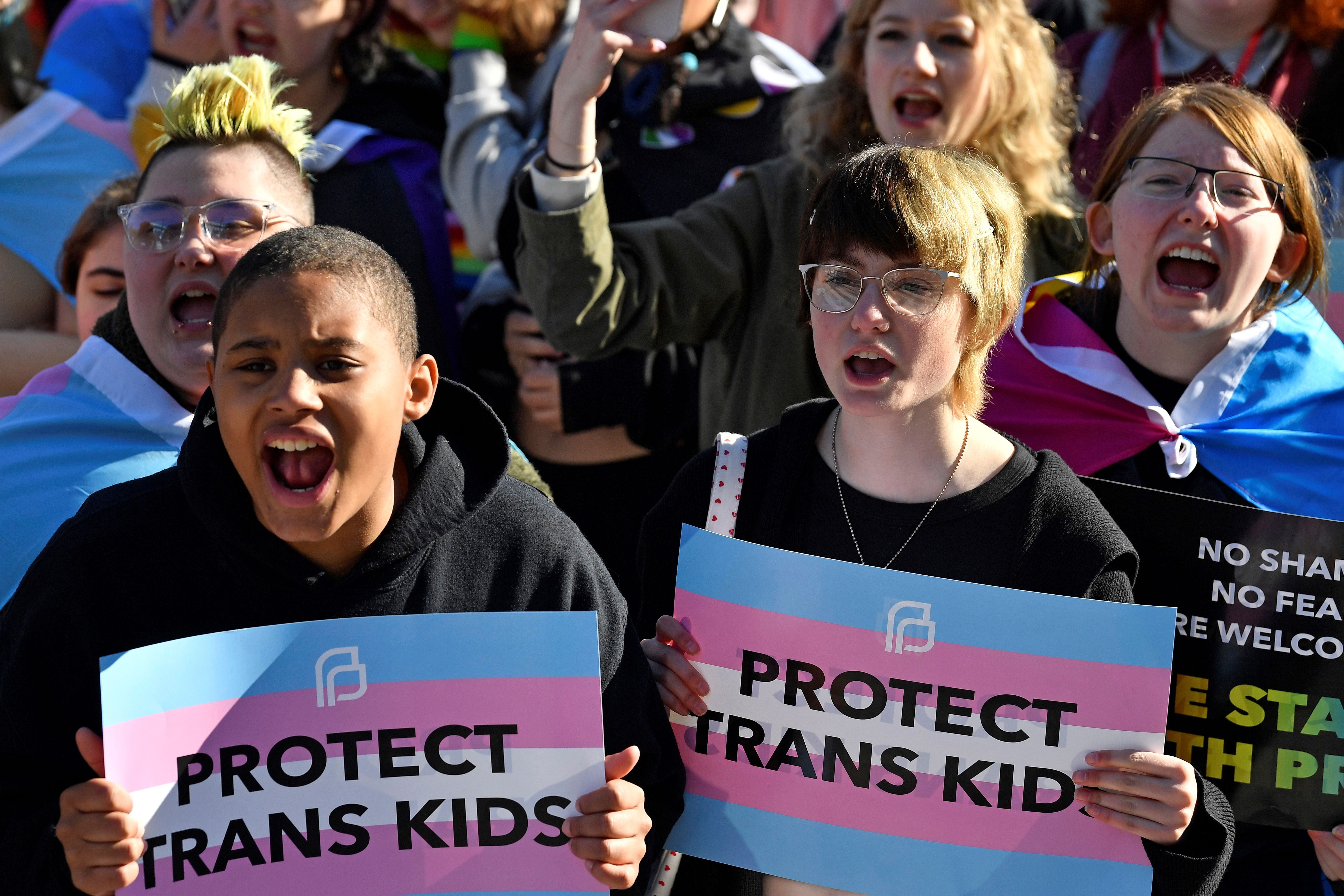 Protesters of Kentucky Senate Bill SB150, known as the Transgender Health Bill, cheer on speakers during a rally on the lawn of the Kentucky Capitol in Frankfort, March 29, 2023. © 2023 AP Photo/Timothy D. Easley, File