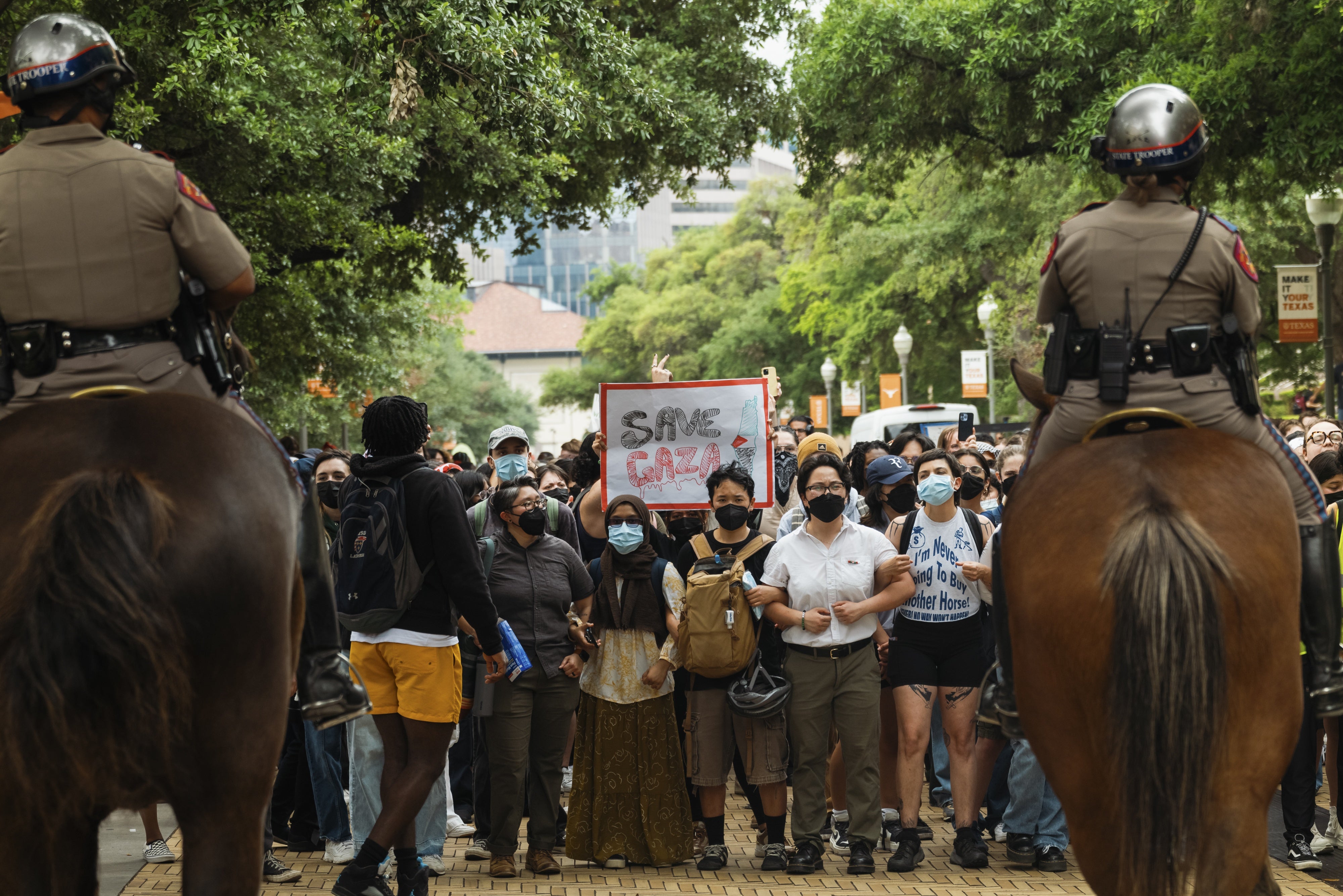 Pro-Palestinian demonstrators face off with Texas Department of Public Safety officers at the University of Texas at Austin in Austin, Texas, US, April 24, 2024.