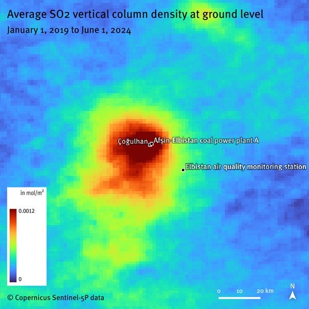 Cartographie montrant la forte densité moyenne de dioxyde de soufre (SO2) près de la centrale à charbon d'Afşin-Elbistan. 