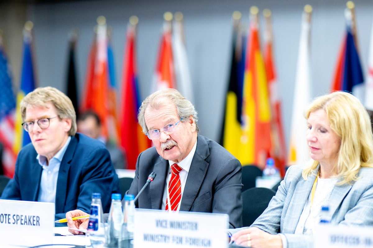Hugh Williamson, far left, addresses the opening of the OSCE Warsaw Human Dimension Conference, 30 September 2024.