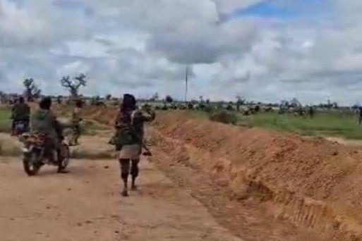 Screenshot of a video seemingly filmed by the JNIM showing fighters along the trench during the attack on Barsalogho, Sanmatenga province, Burkina Faso, on August 24, 2024. 