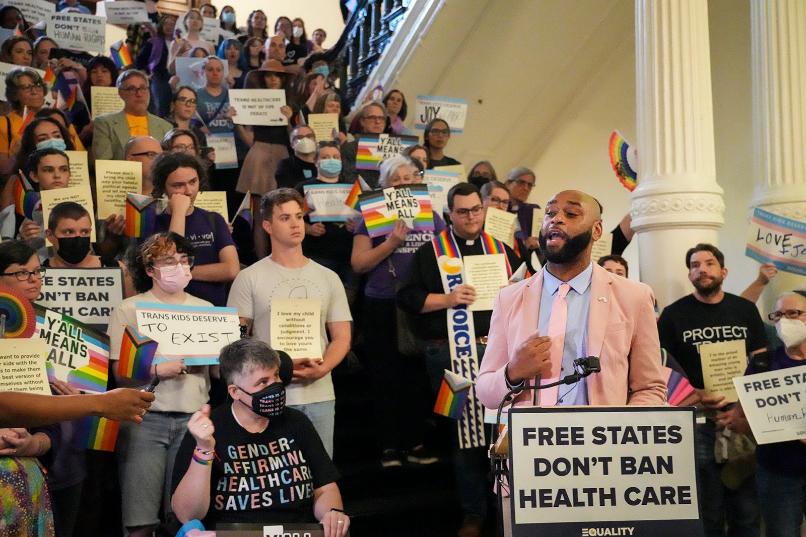 Texas State Rep. Christian Manuel joins LGBTQ+ activists to protest Senate Bill 14, which bans gender-affirming medical care for transgender youth, at the Texas State Capitol, in Austin, May 12, 2023.