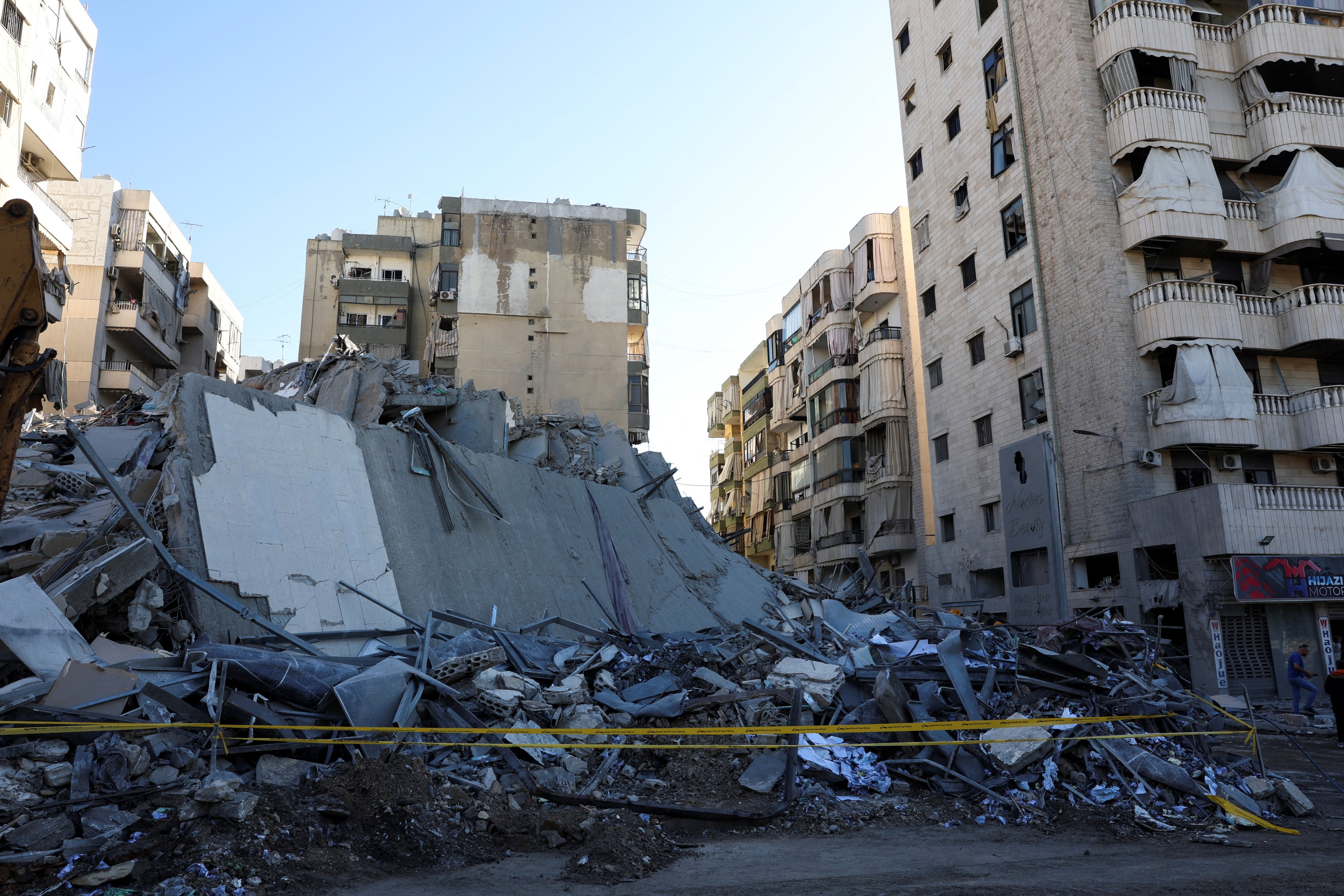 A damaged site of one of the branches of Al-Qard al-Hassan, a financial institution linked to Hezbollah, following Israeli airstrikes on October 20, 2024, in Chiyah, Lebanon.
