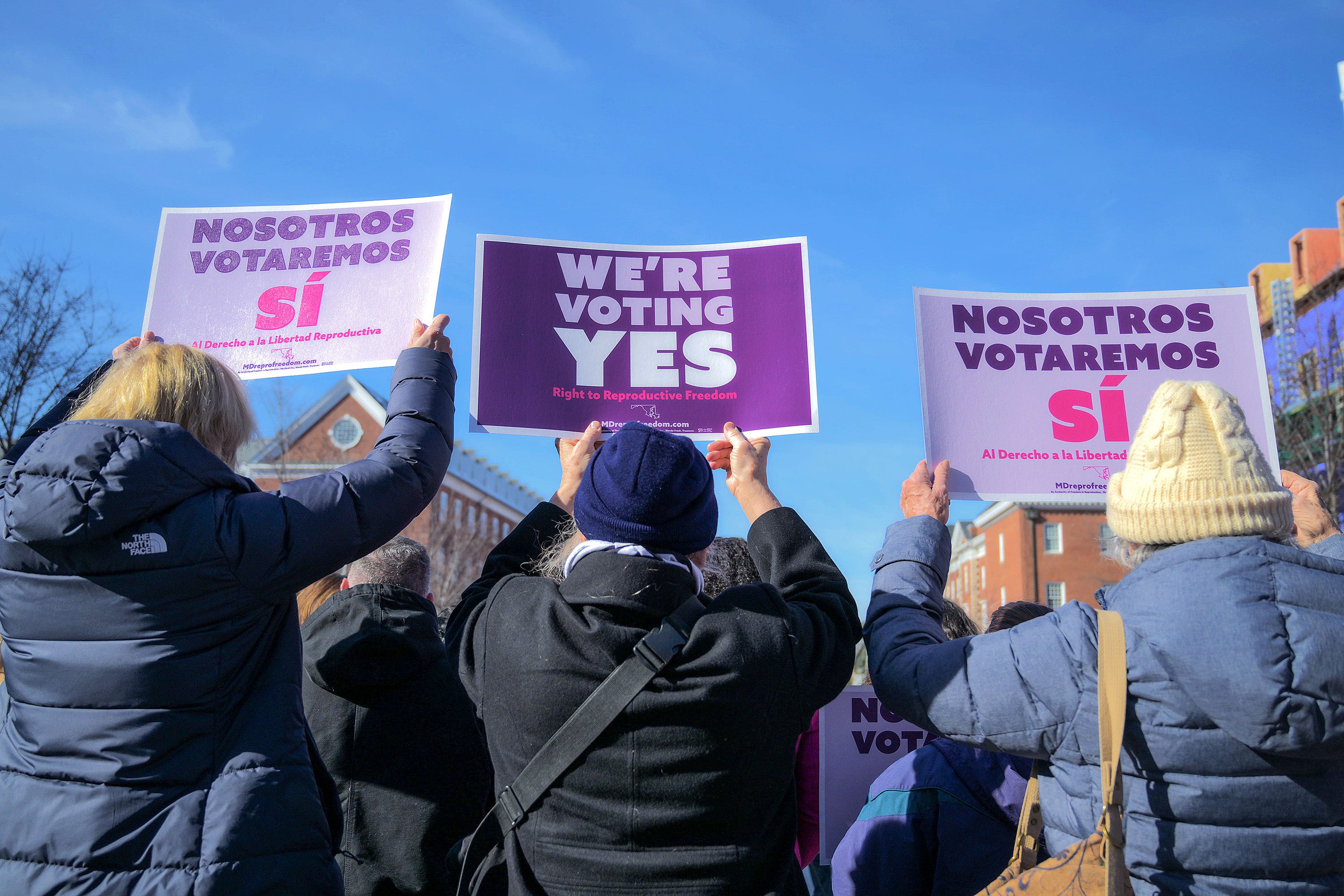 Supporters advocating for reproductive freedom during a rally launching FIRM, or Freedom in Reproduction Maryland, a group that campaigns in support of the constitutional amendment to protect abortion rights on the ballot in Maryland, October 15, 2024.