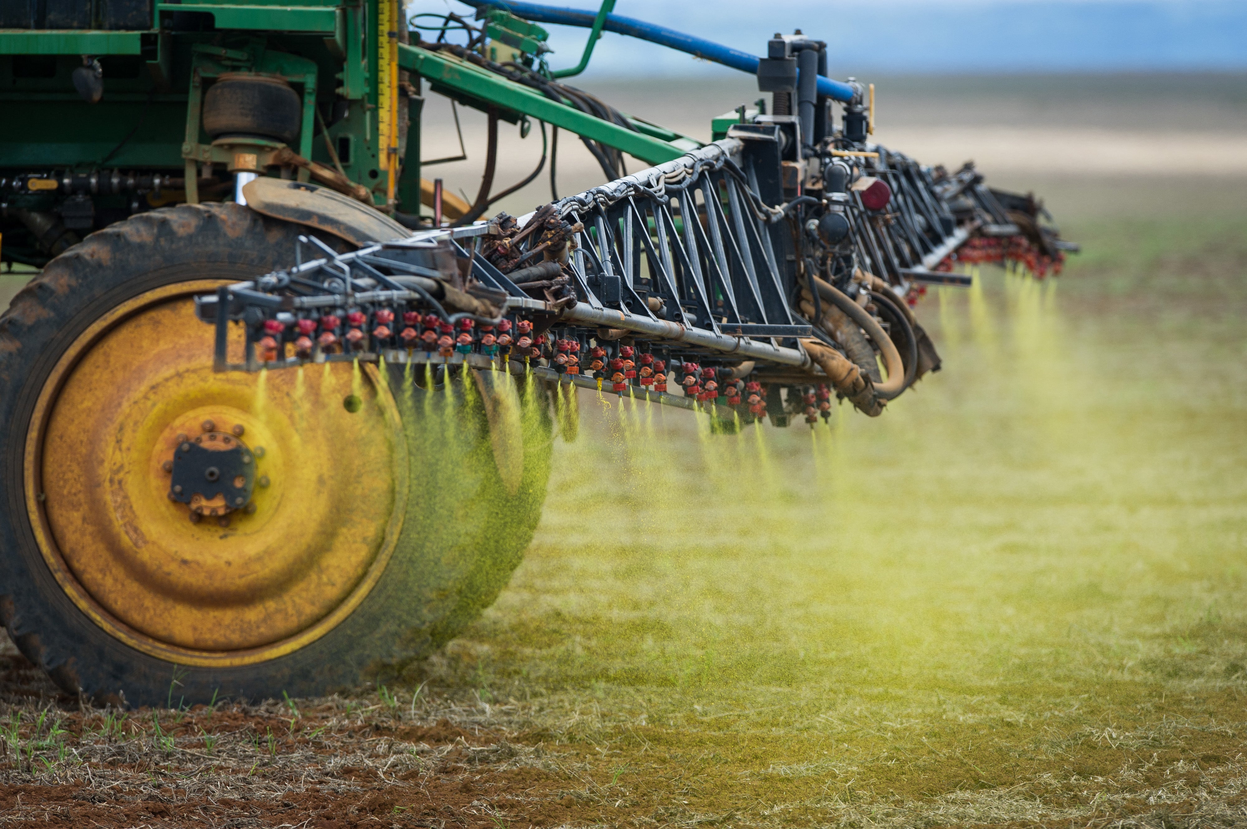 Herbicide is sprayed on a soybean field in the Cerrado plains near Campo Verde, Mato Grosso state, western Brazil. 