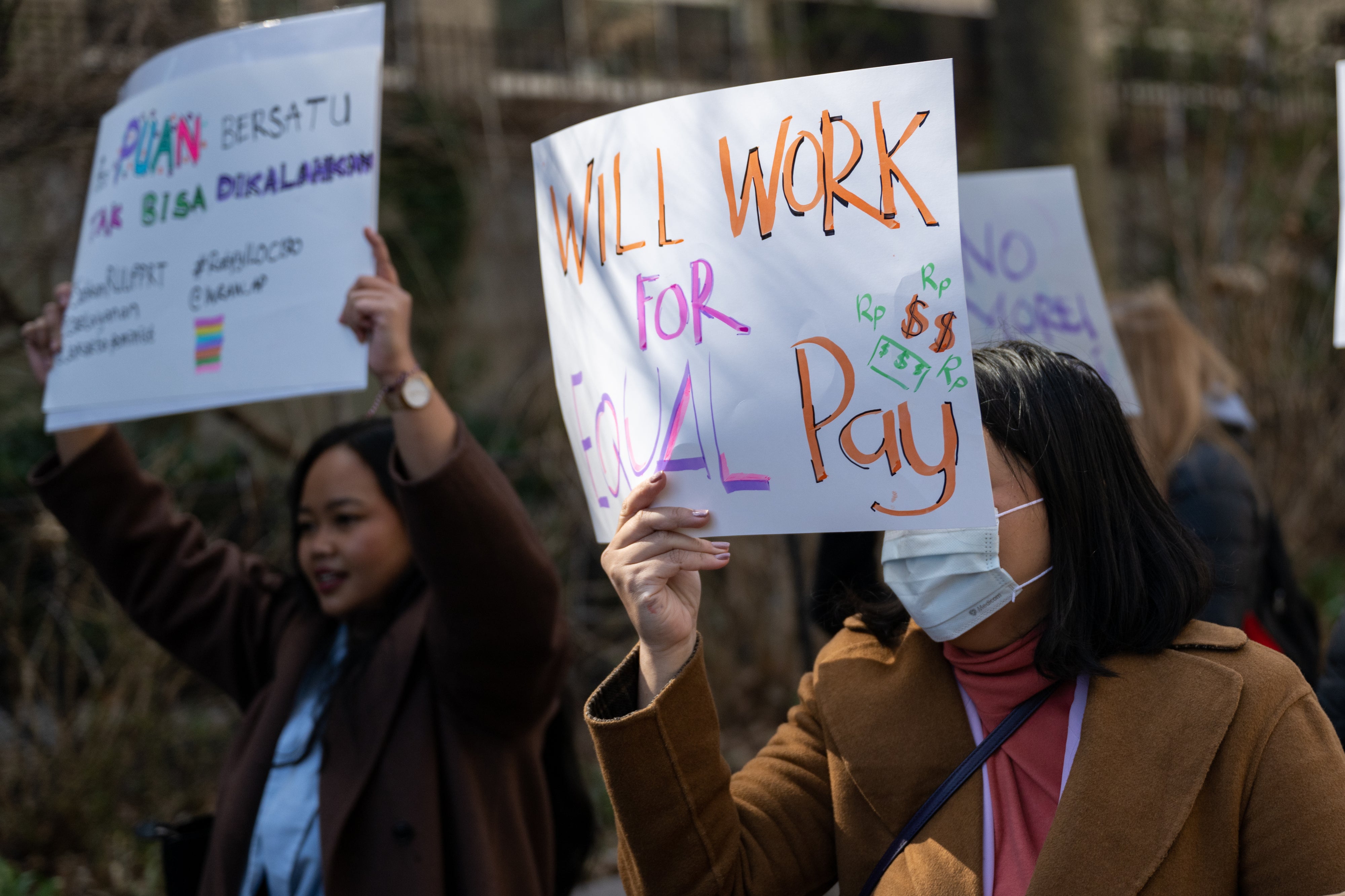 Protesters for women’s rights and equal pay at a rally on International Women’s Day outside the United Nations on March 8, 2023 in New York City.  
