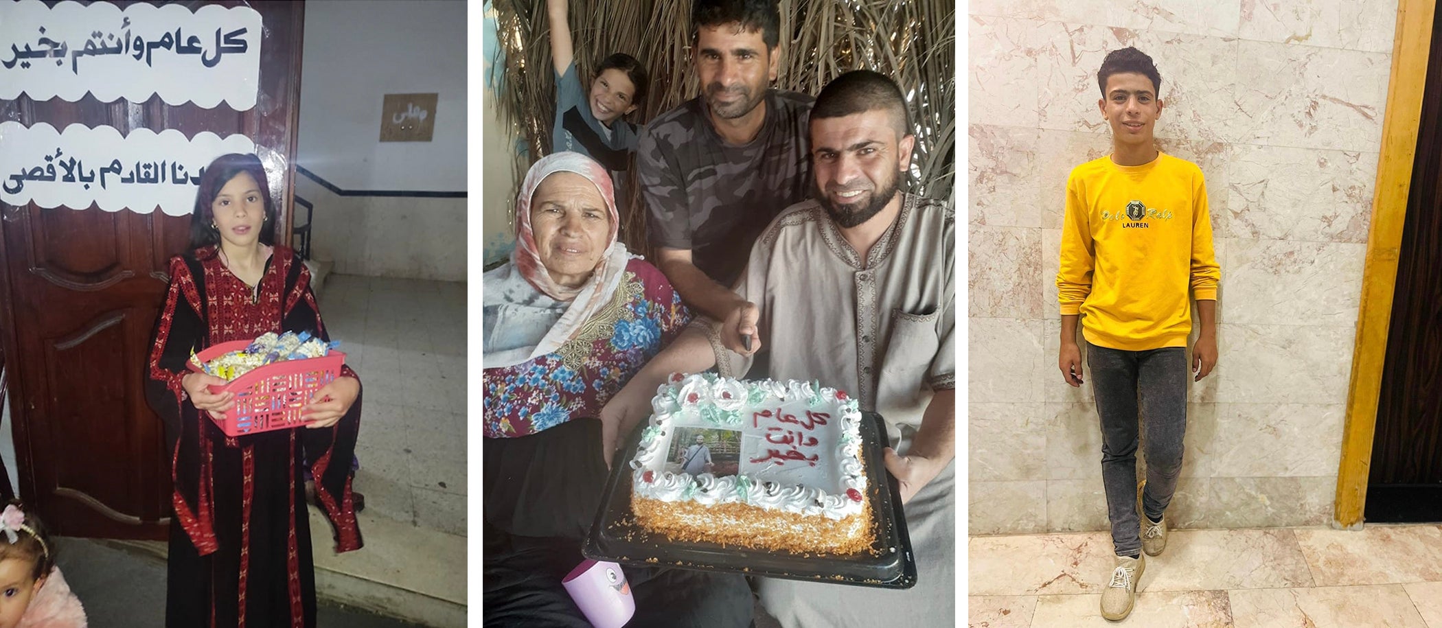 Jenan (left), Abdullah with family (center), and Mohammed. 