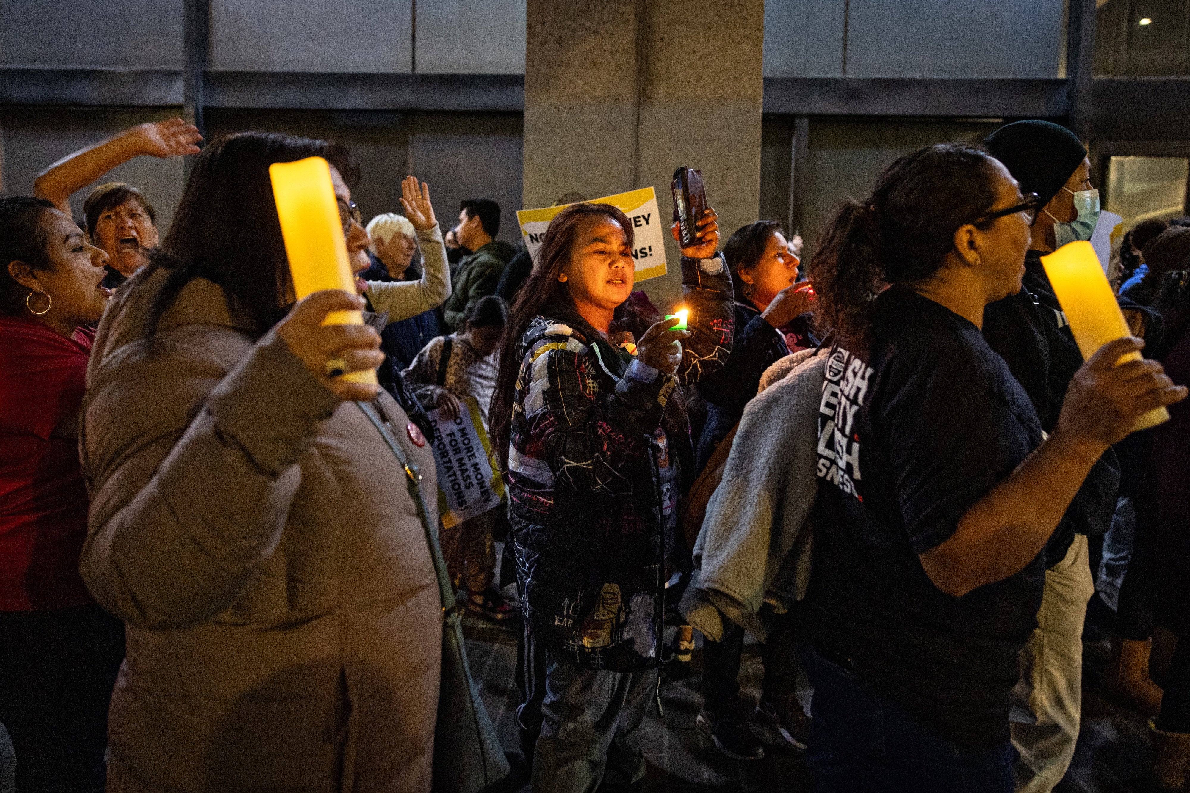 Community members march after gathering at a vigil against deportations a day after Trump is sworn in, Los Angeles, California, US, January 21, 2025.