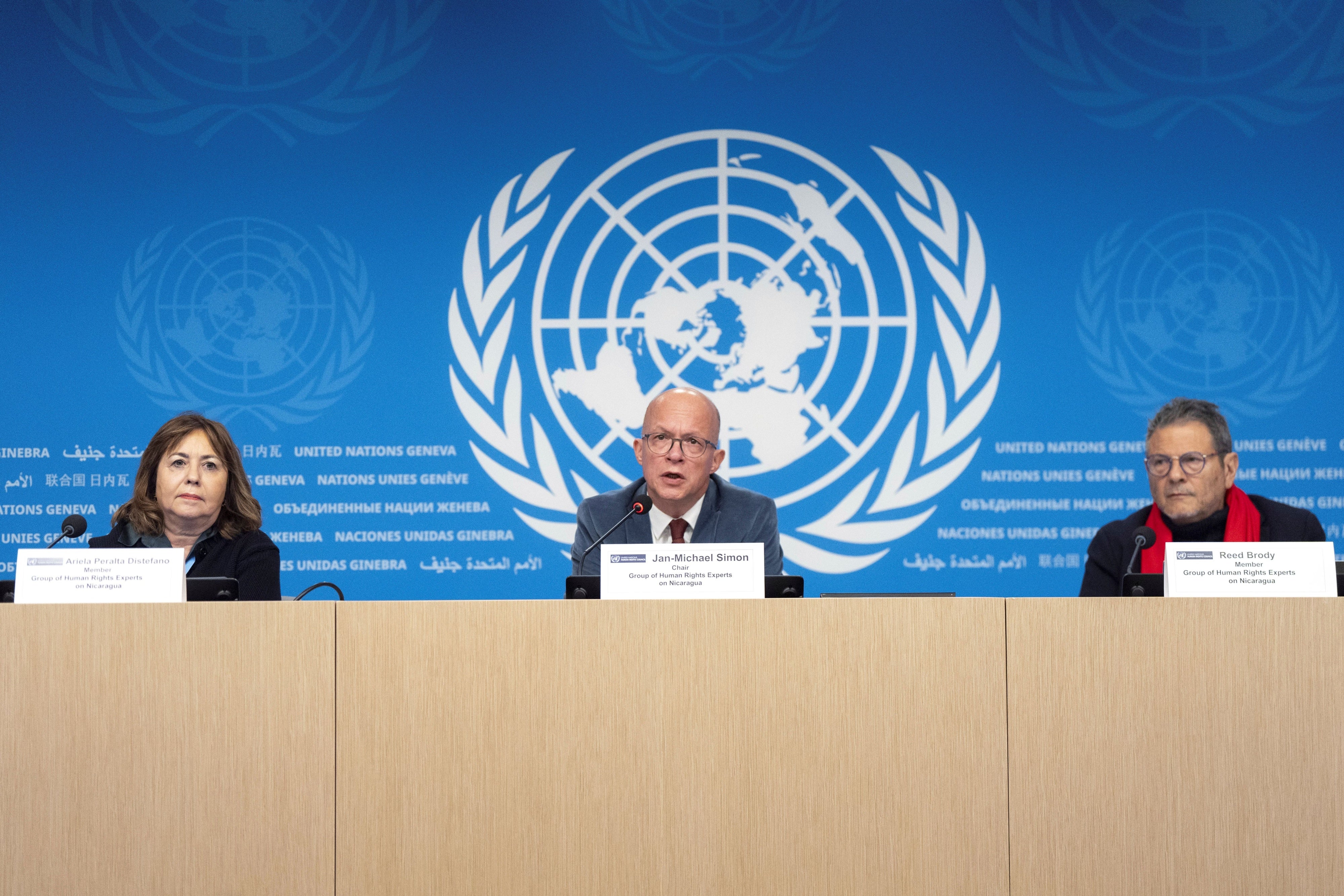 Members of the Group of Human Rights Experts on Nicaragua hold a press conference during the 58th Human Rights Council session at the UN's European headquarters in Geneva, Switzerland, February 26, 2025.