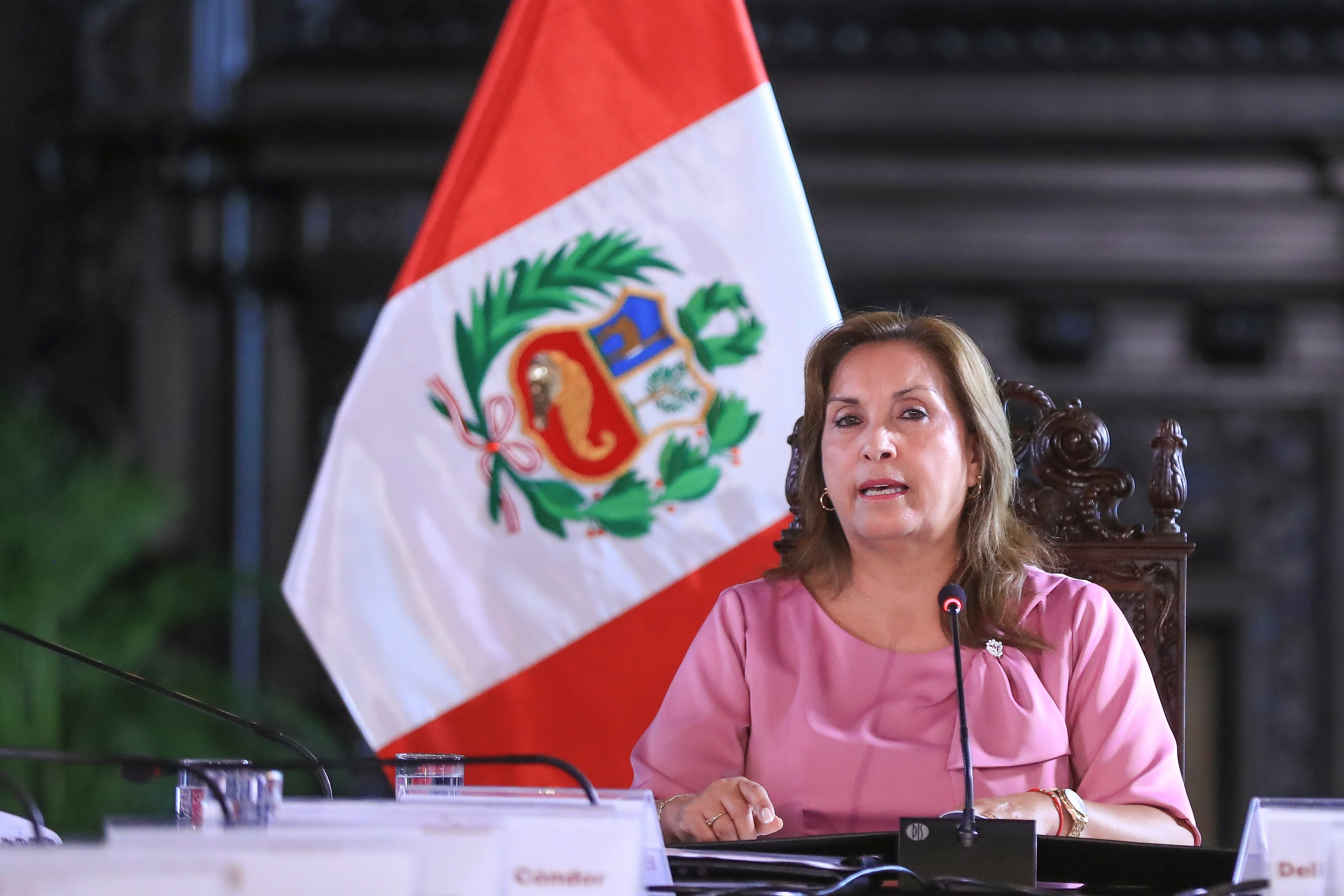 President Dina Boluarte during an ordinary session of the National Council for Citizen Security in Lima, Peru, on March 18, 2025.