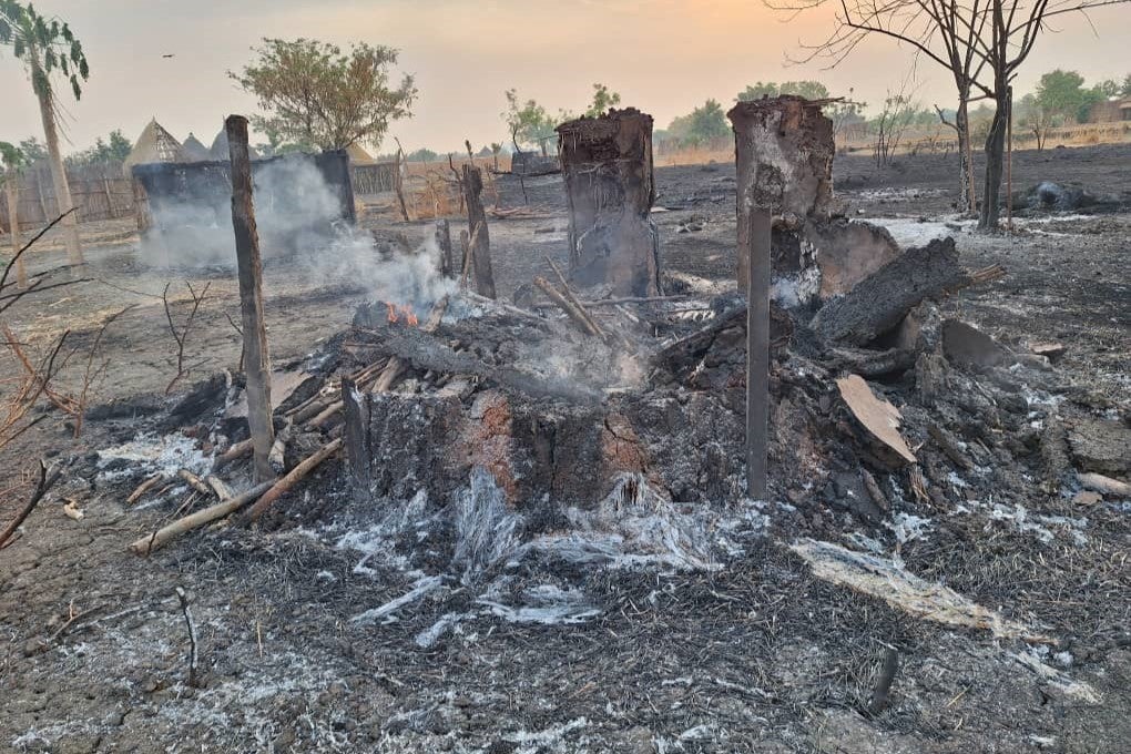 Remnants of a burnt tukul (homes) in Mathiang